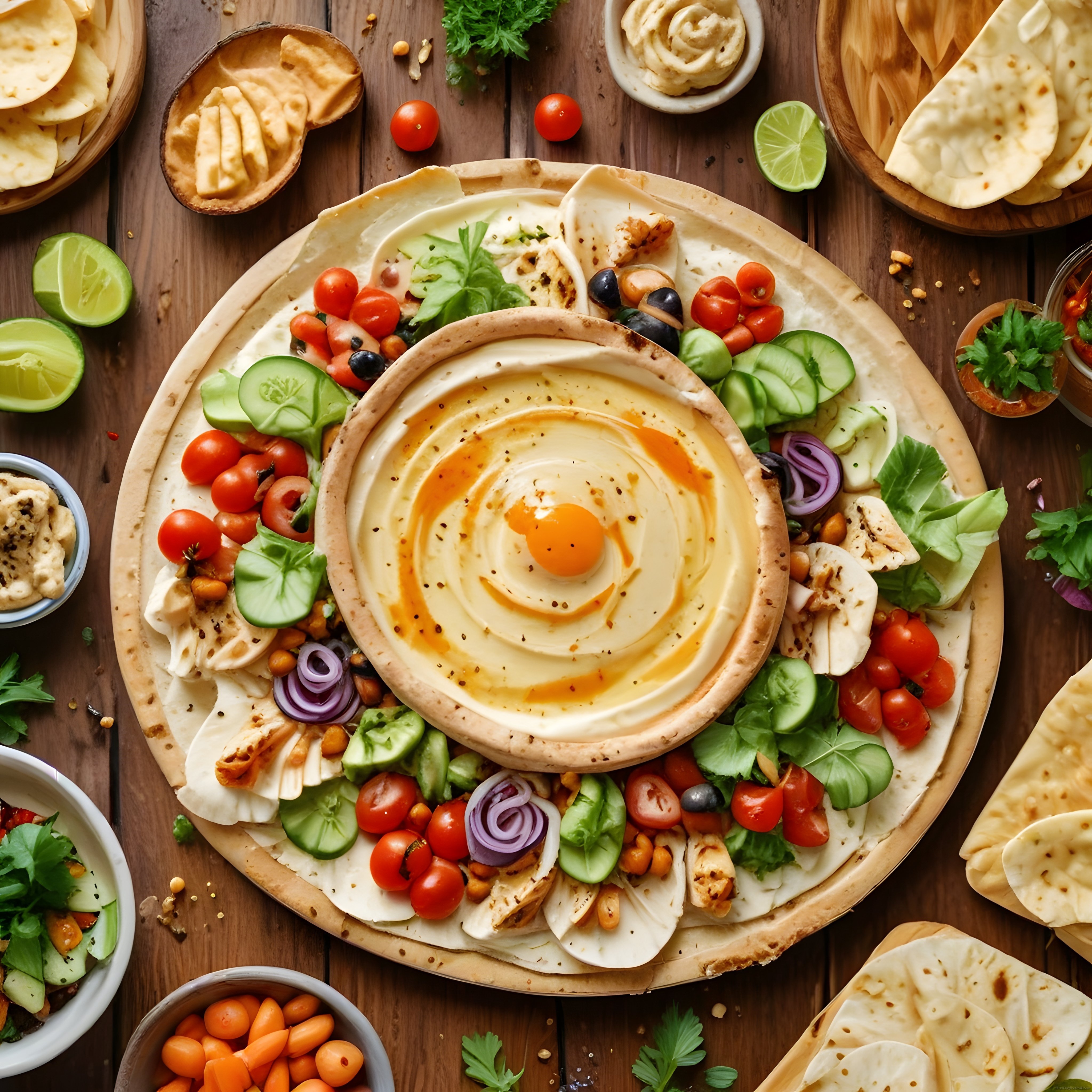 Humus Başta Meze Tabağı: Taze Sebzeler ve Lavaş Eşliğinde Orta Doğu Sunumu