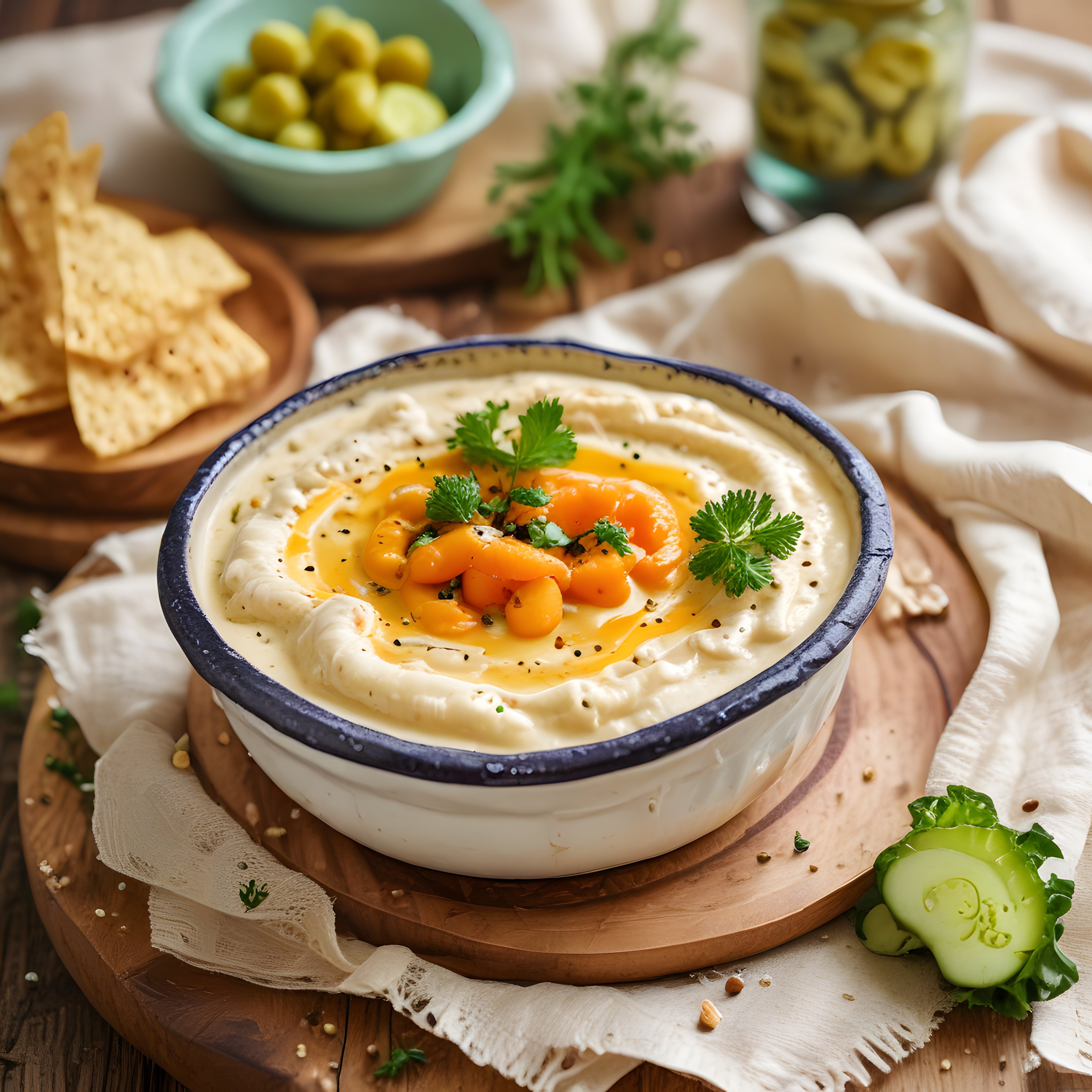 Humus Kasesi: Ev Yapımı Nohut Ezmesi, Zeytin ve Cips Eşliğinde Sunum