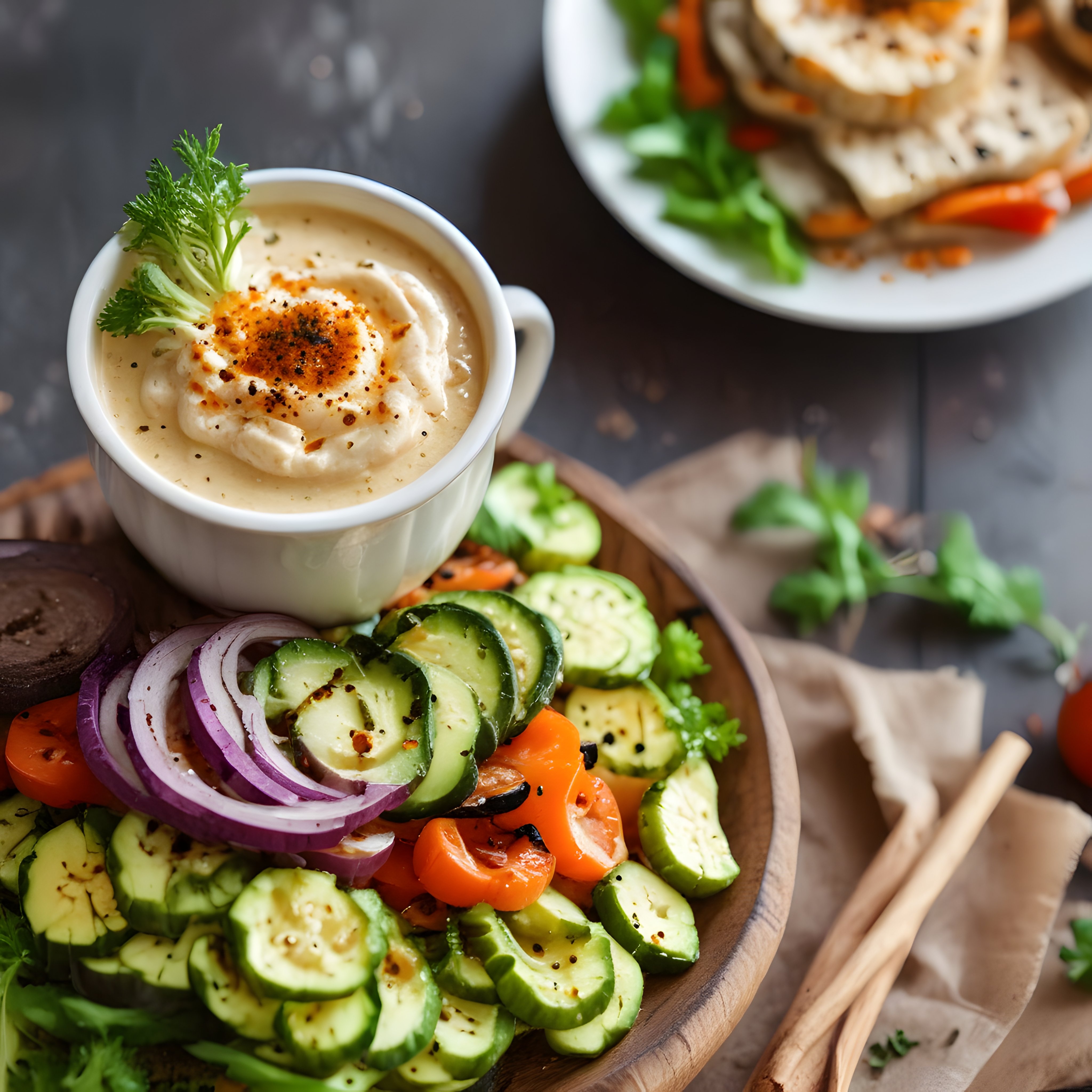 Humus Kasesi ve Renkli Sebze Salatası ile Şık ve Sağlıklı Sofra Sunumu
