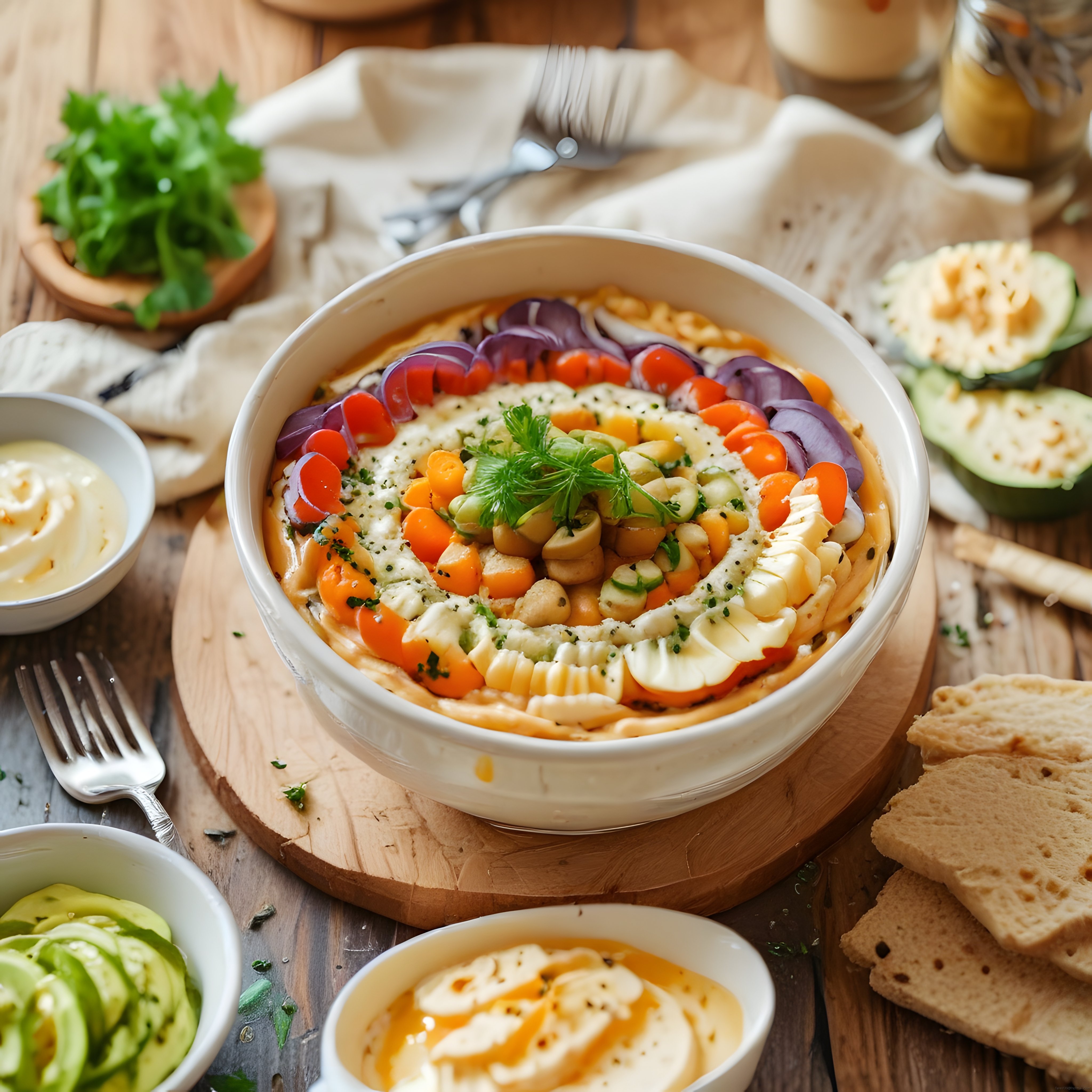Humus Kasesi ve Taze Sebzelerle Zengin Lezzetli Kahvaltı Sunumu