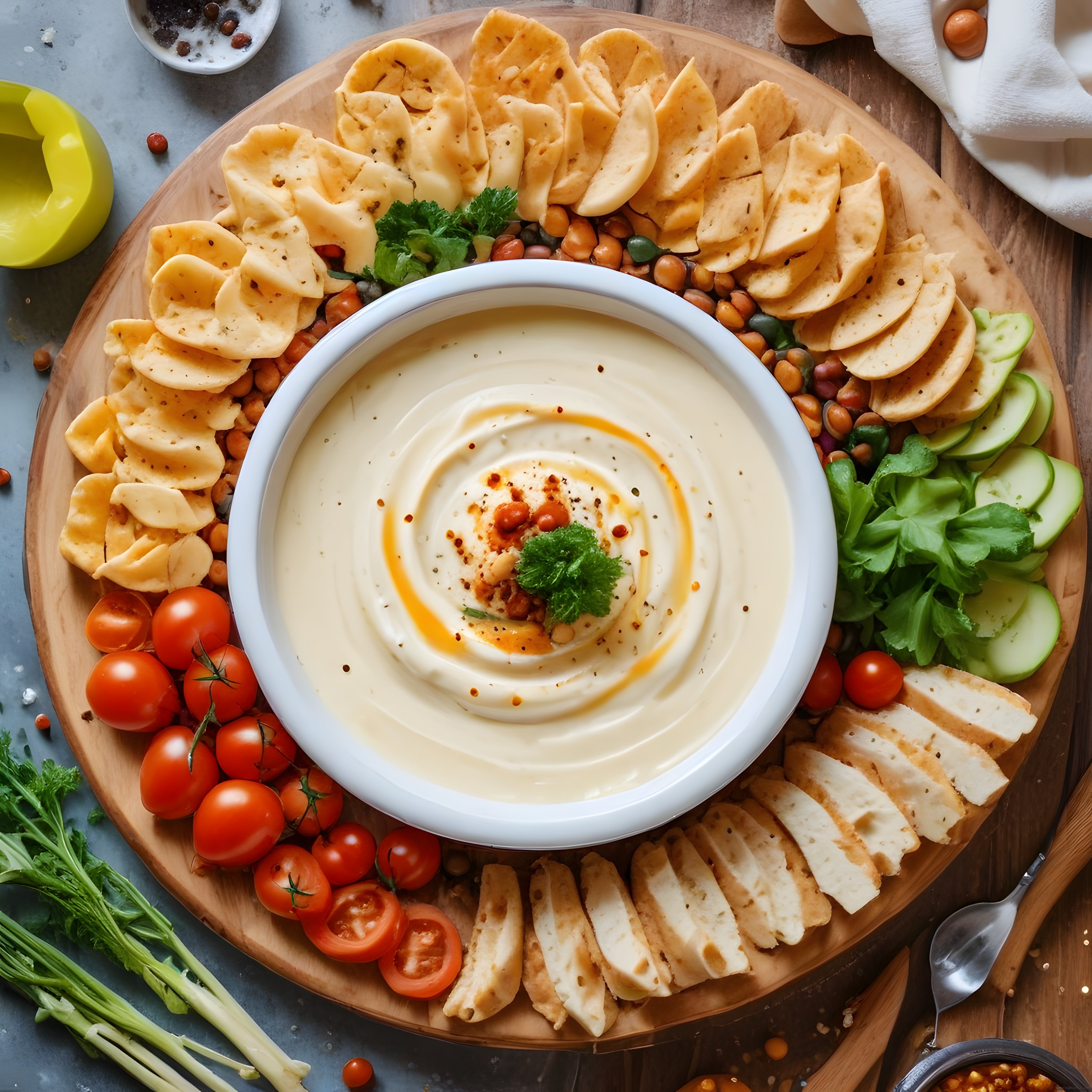 Humus Meze Tabağı: Taze Domates, Salatalık ve Krokan Ekmeklerle Şık Sunum