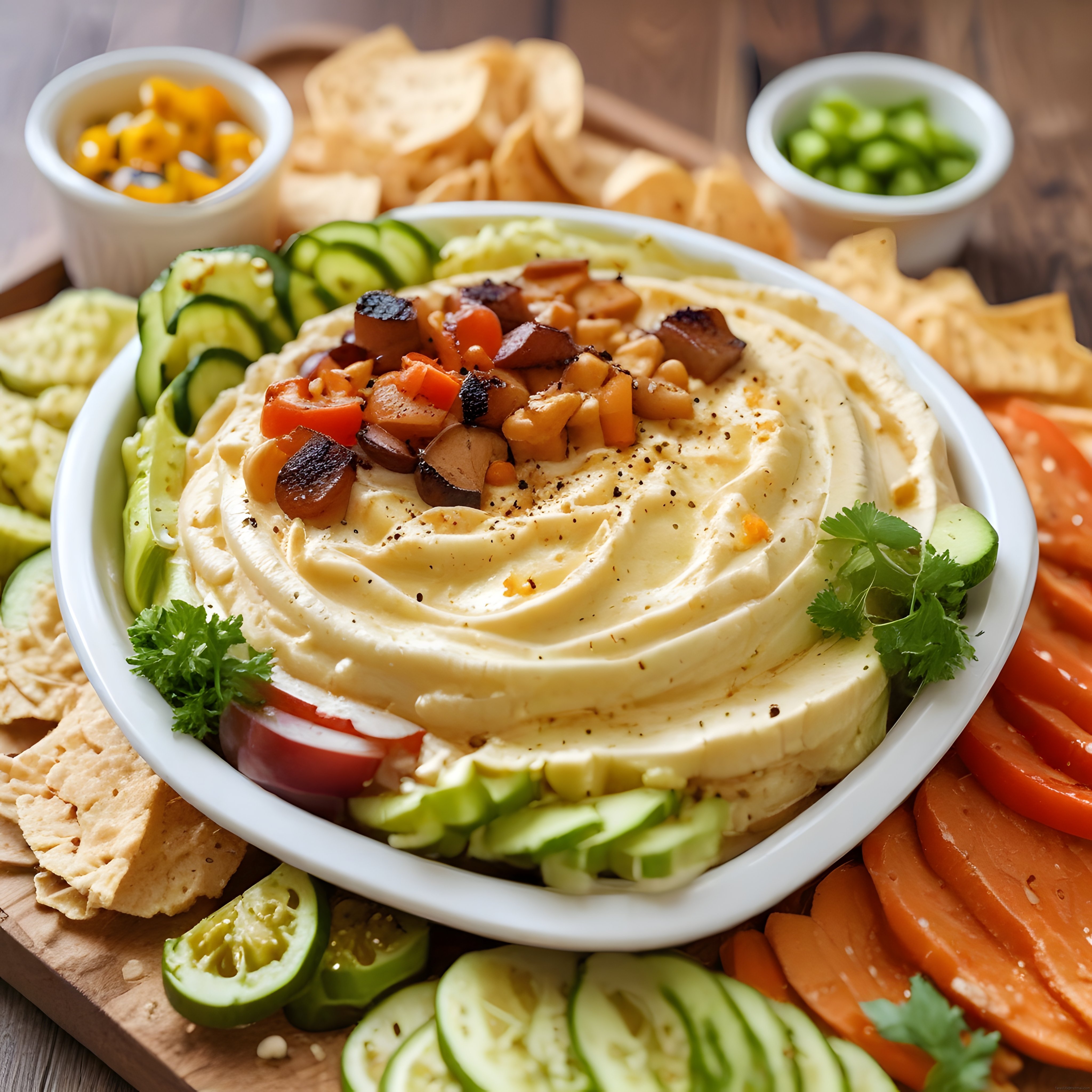 Humus Meze Tabağı: Taze Sebzeler ve Cips Eşliğinde Sağlıklı Atıştırmalık