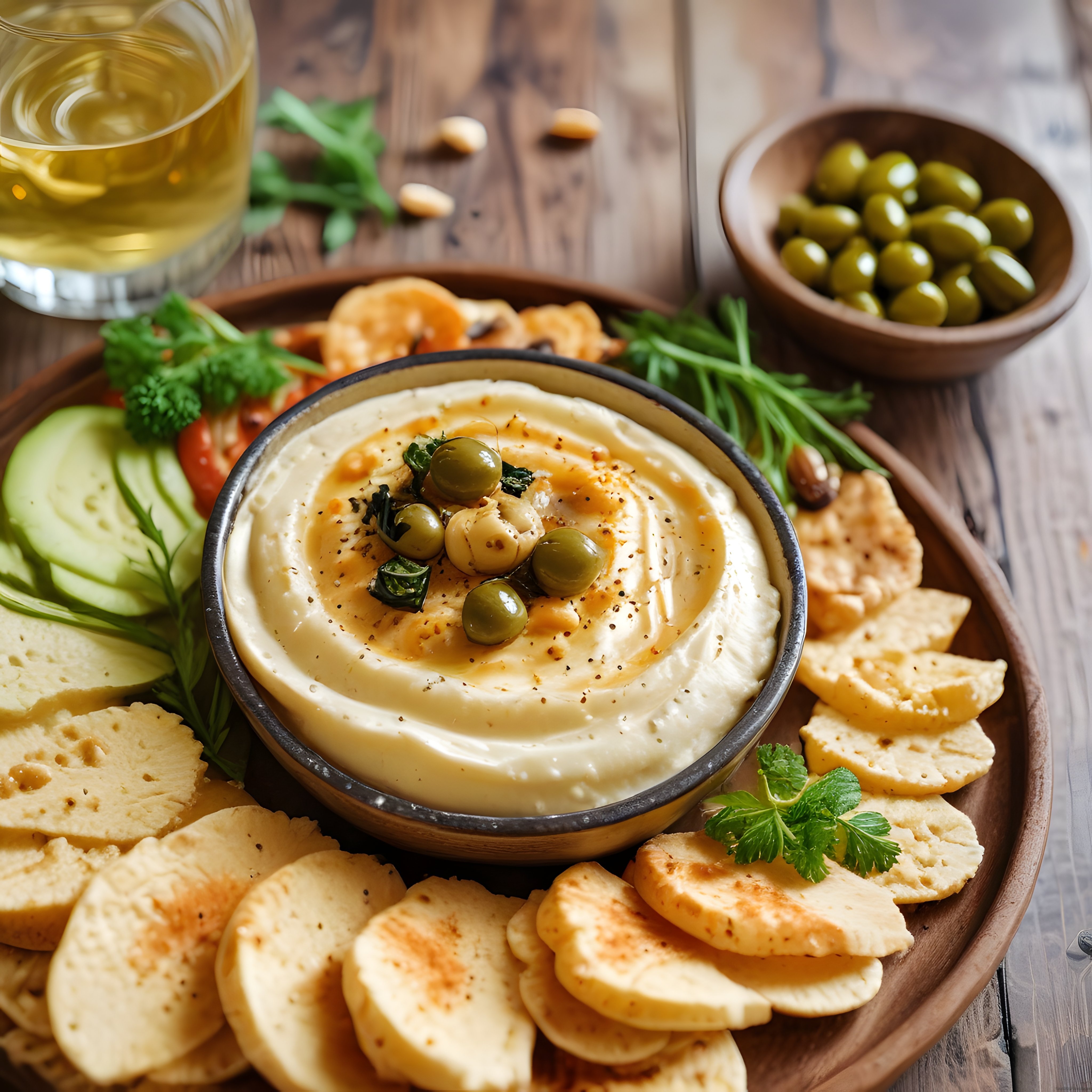 Humus Meze Tabağı: Taze Zeytin ve Kızarmış Ekmek ile Ev Yapımı Lezzet