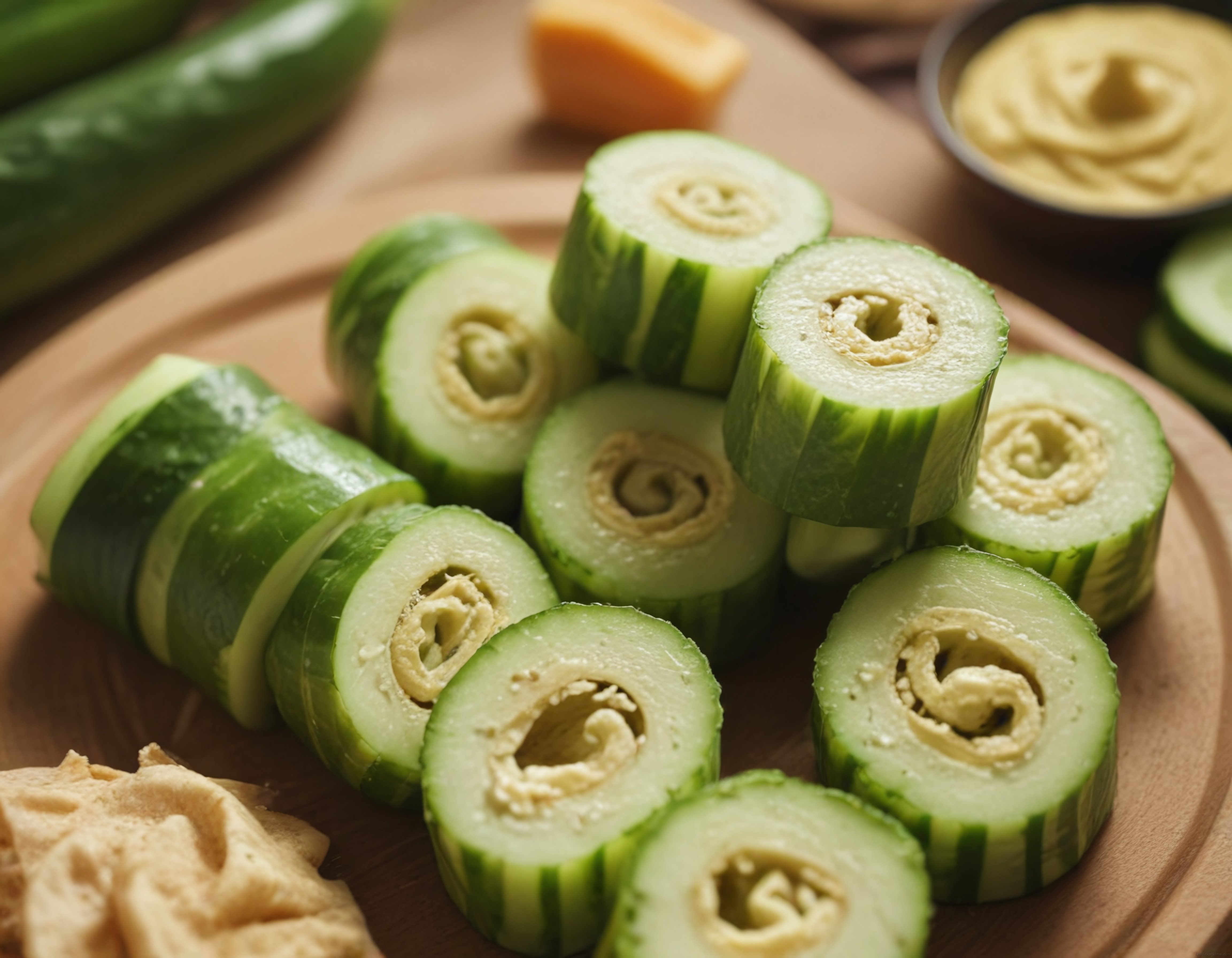 Humus sarılı salatalık rulolarıyla servis edilmiş atıştırmalık tabağı
