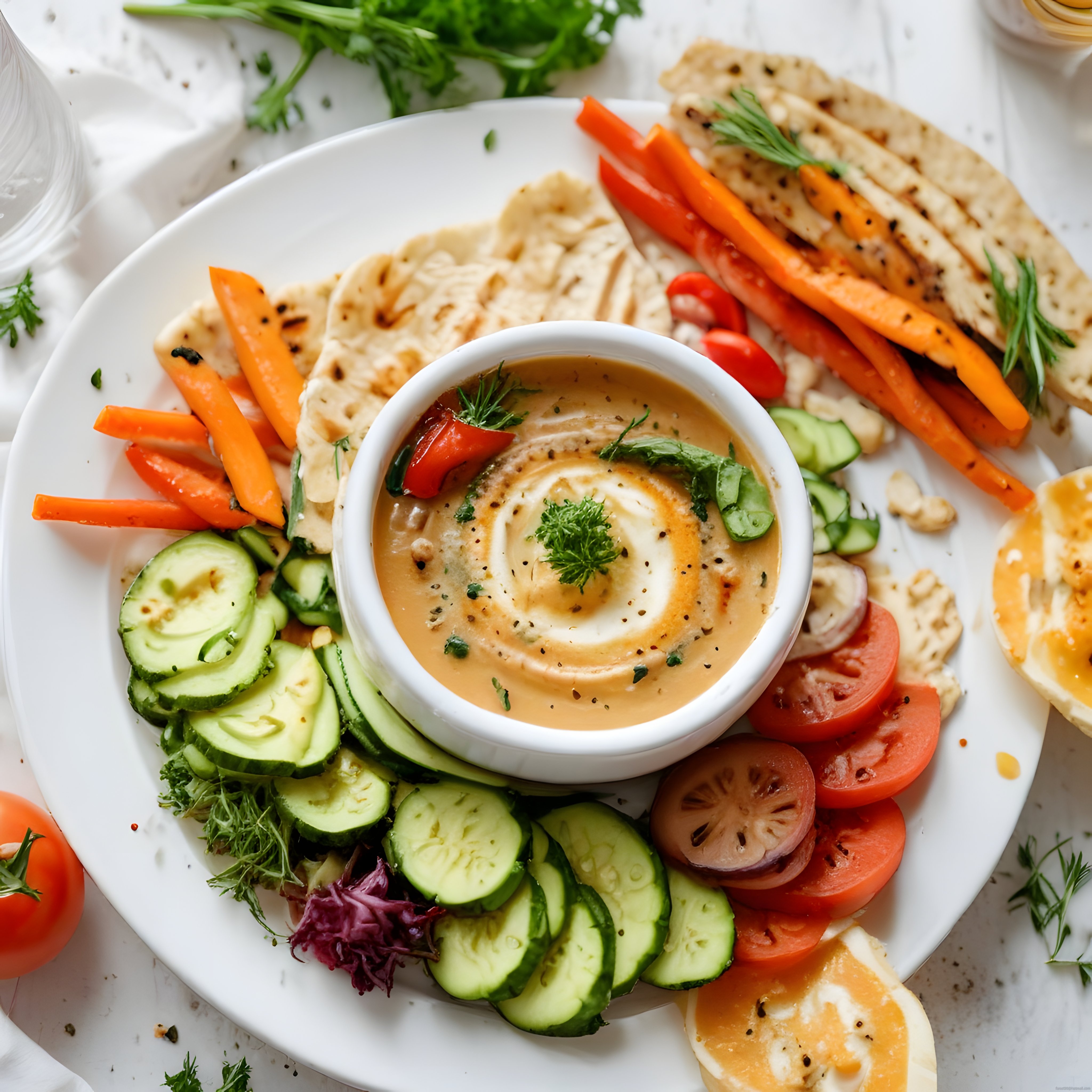 Humus, sebze çubukları, salatalık ve pideyle servis edilmiş meze tabağı