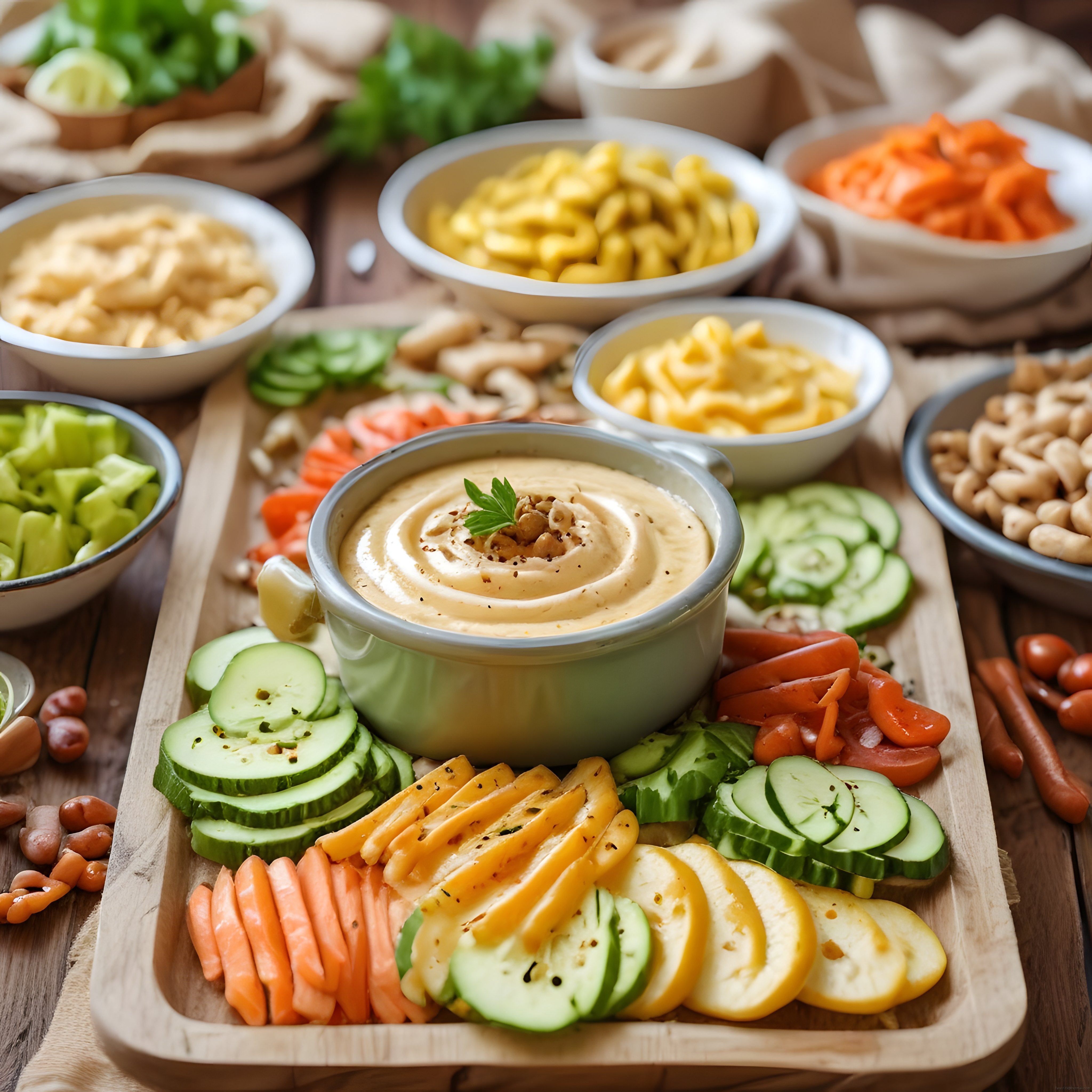 Humus Sunum Tahtası ve Taze Sebzelerle Sağlıklı Atıştırmalık Masası