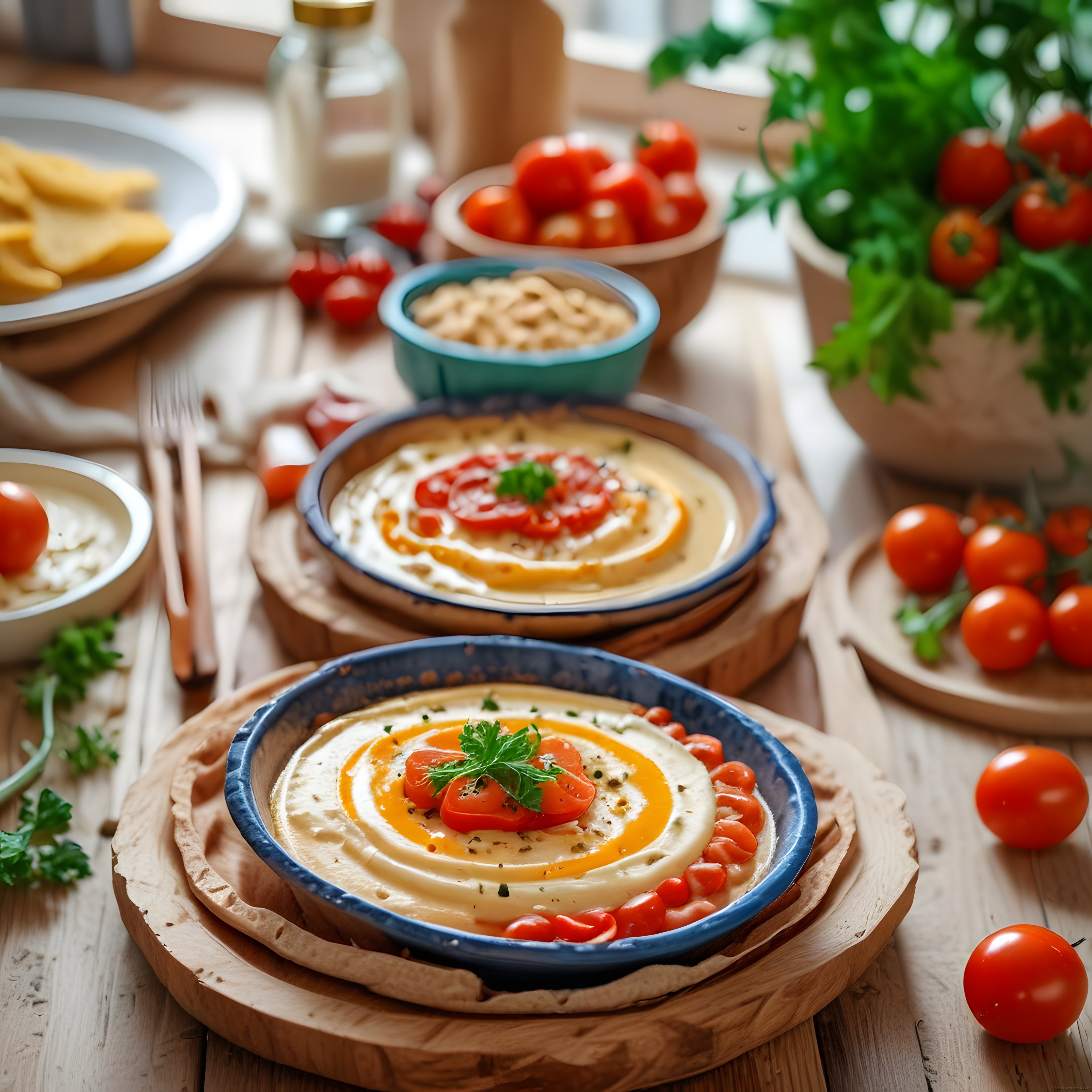 Humus Sunumu: Taze Domates ve Zeytinyağı ile Servis Edilmiş Ev Yapımı Meze