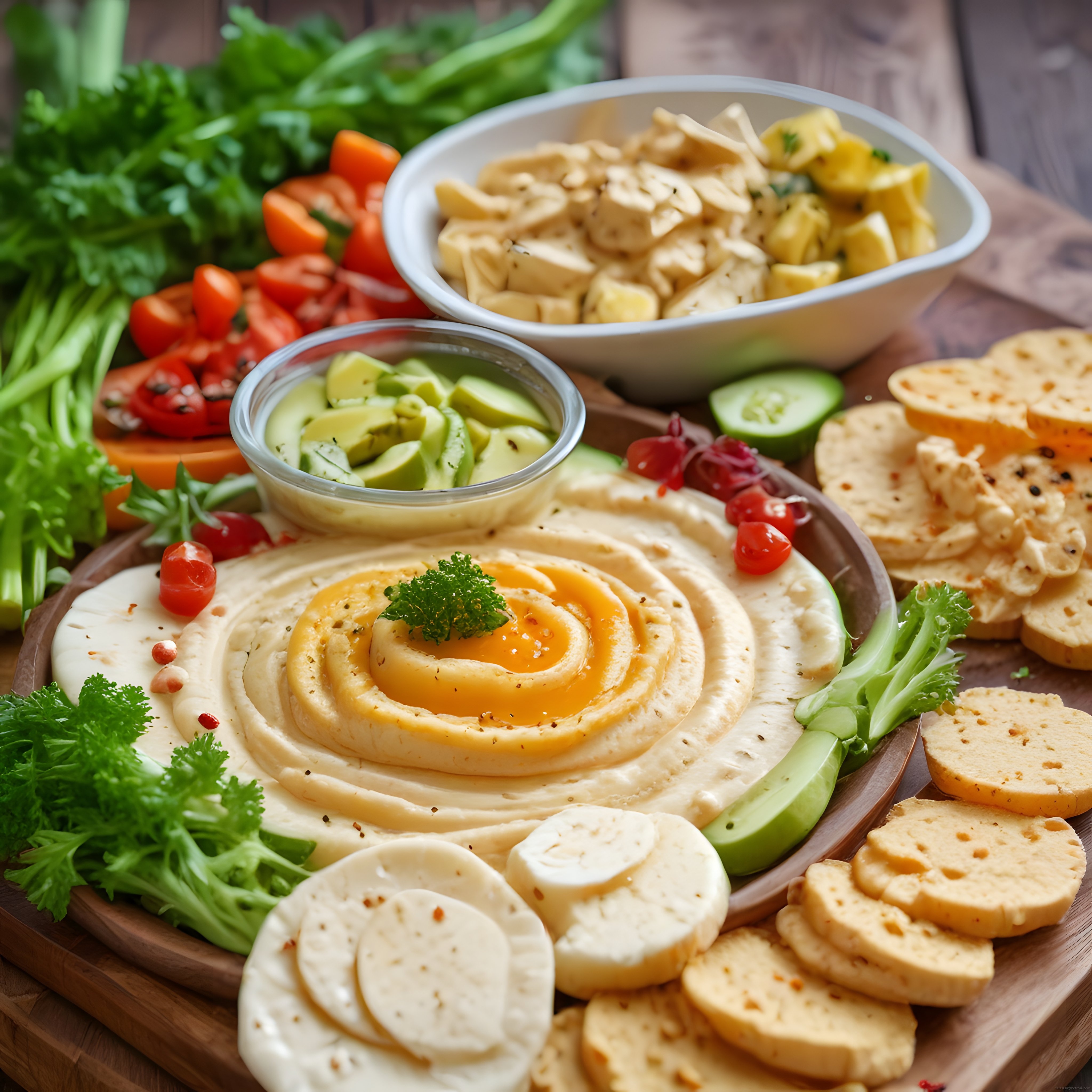 Humus tabağı, avokado sos ve baharatlı krakerlerle sağlıklı atıştırmalık sunumu