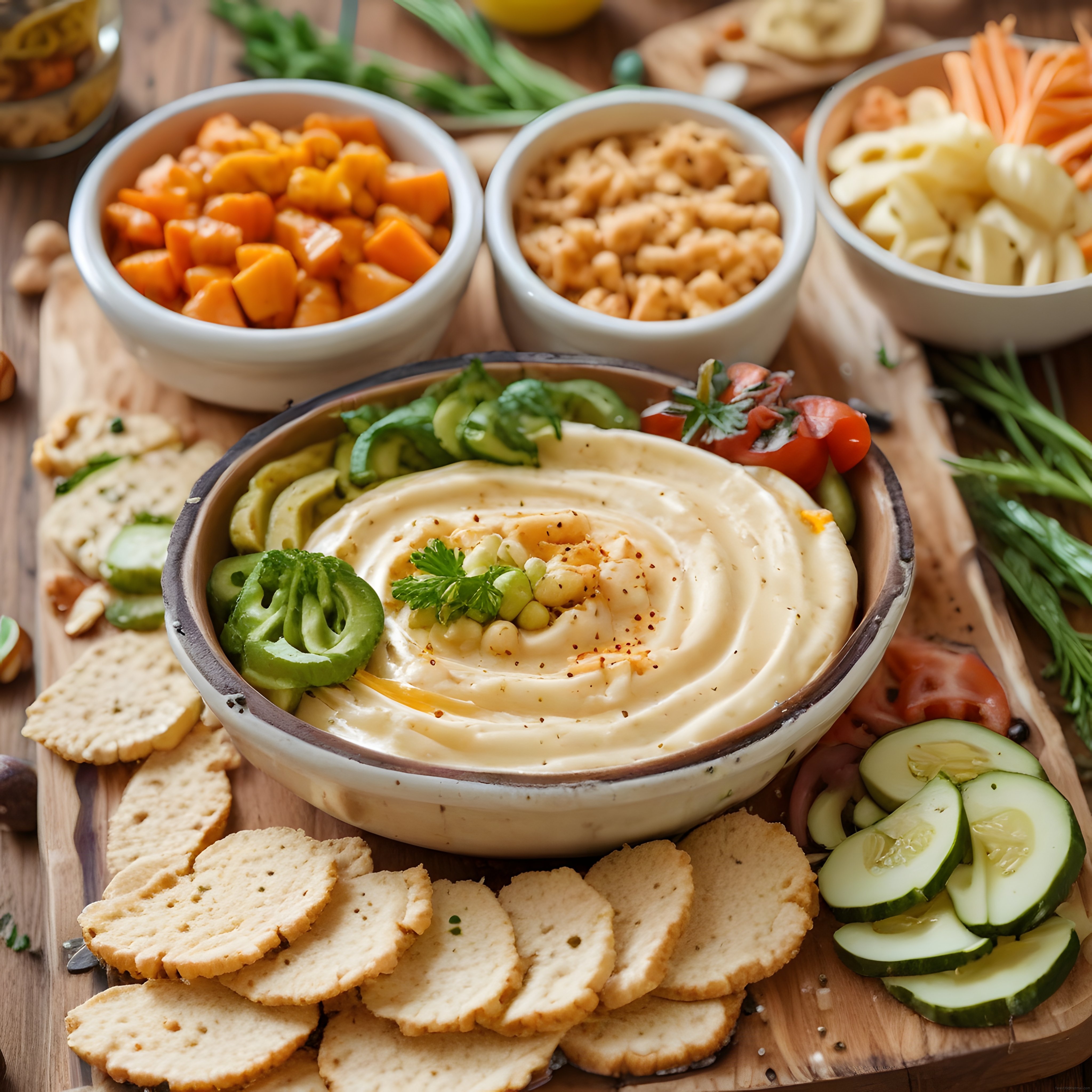 Humus Tabağı: Taze Sebzeler ve Krakerlerle Sağlıklı Atıştırmalık Sunumu