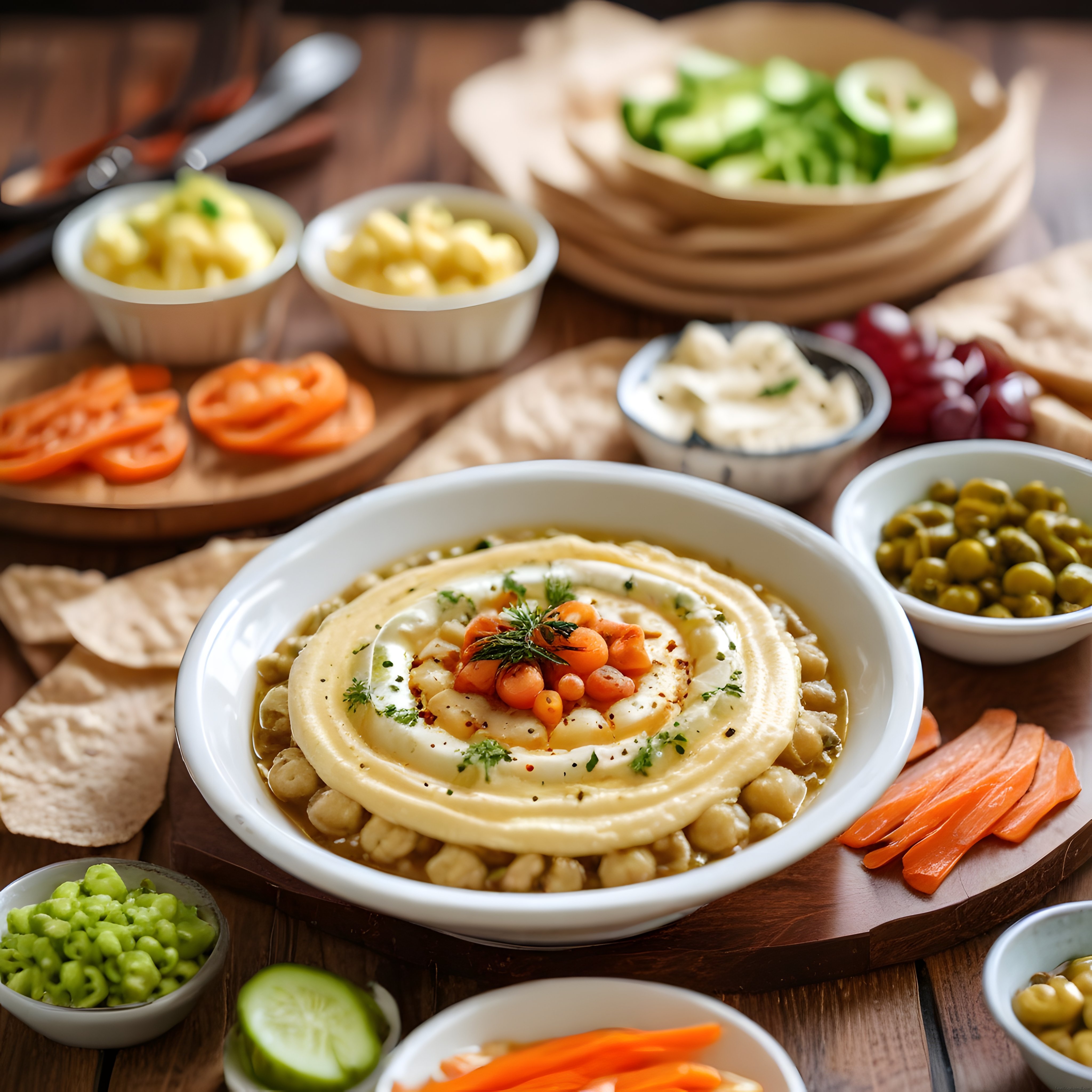 Humus Tabağı ve Meze Çeşitleriyle Şık Bir Akdeniz Sofrası Sunumu