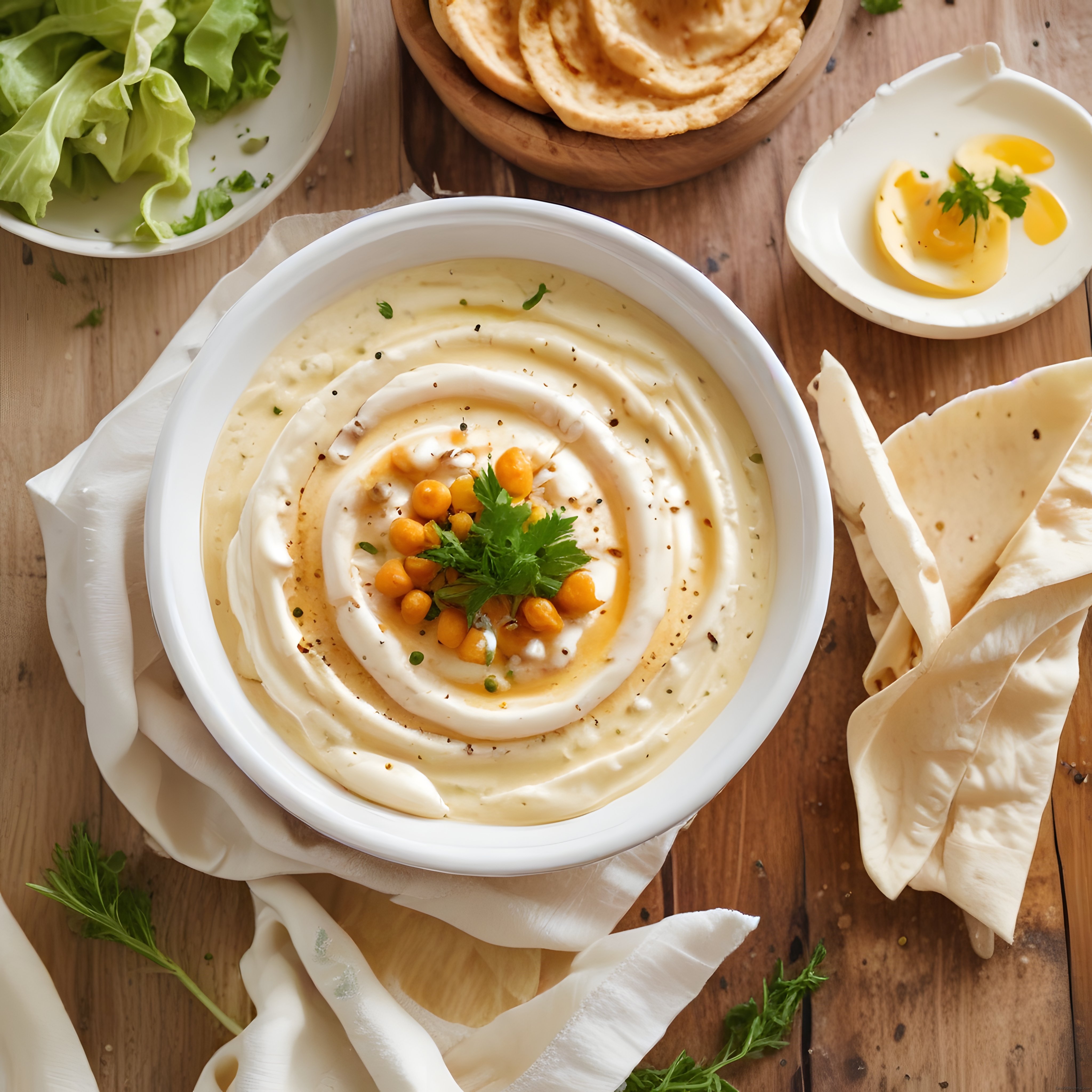 Humus Tabağı ve Taze Pide Ekmekleri ile Lezzetli Meze Sunumu