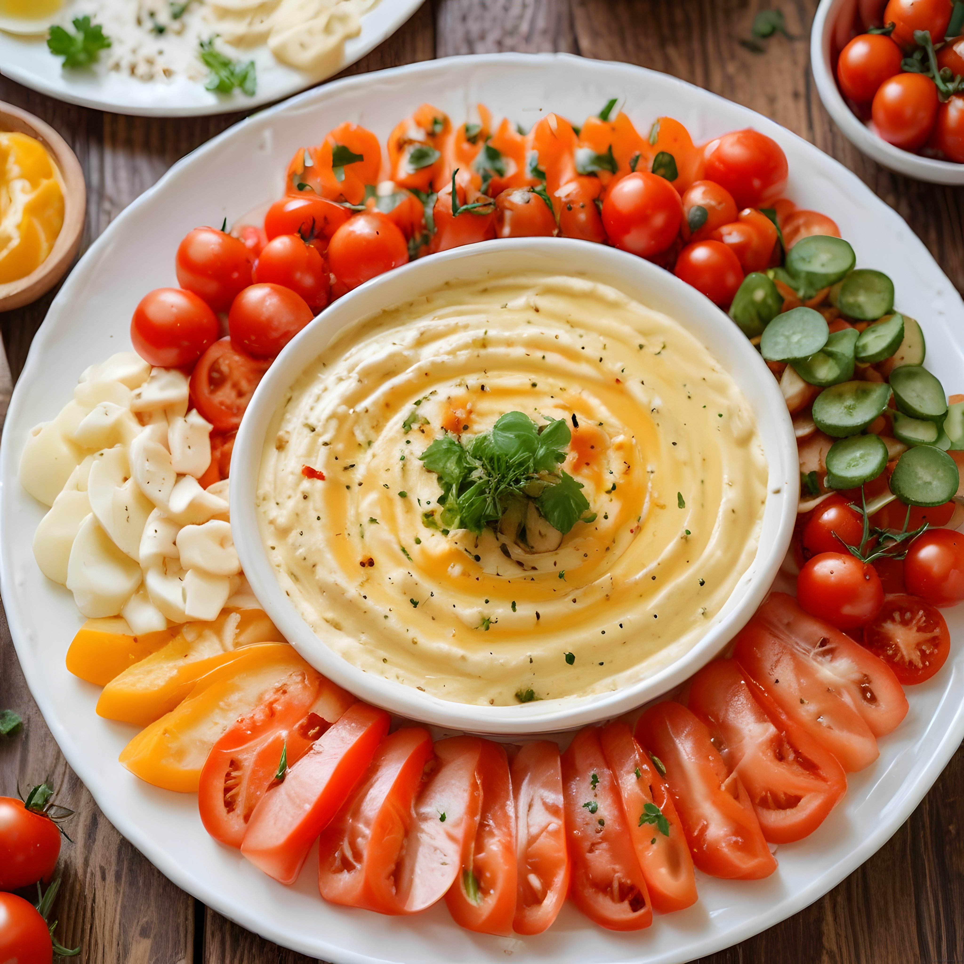 Humus Tabağında Taze Sebzeler ve Peynir ile Sağlıklı Kahvaltı Sunumu