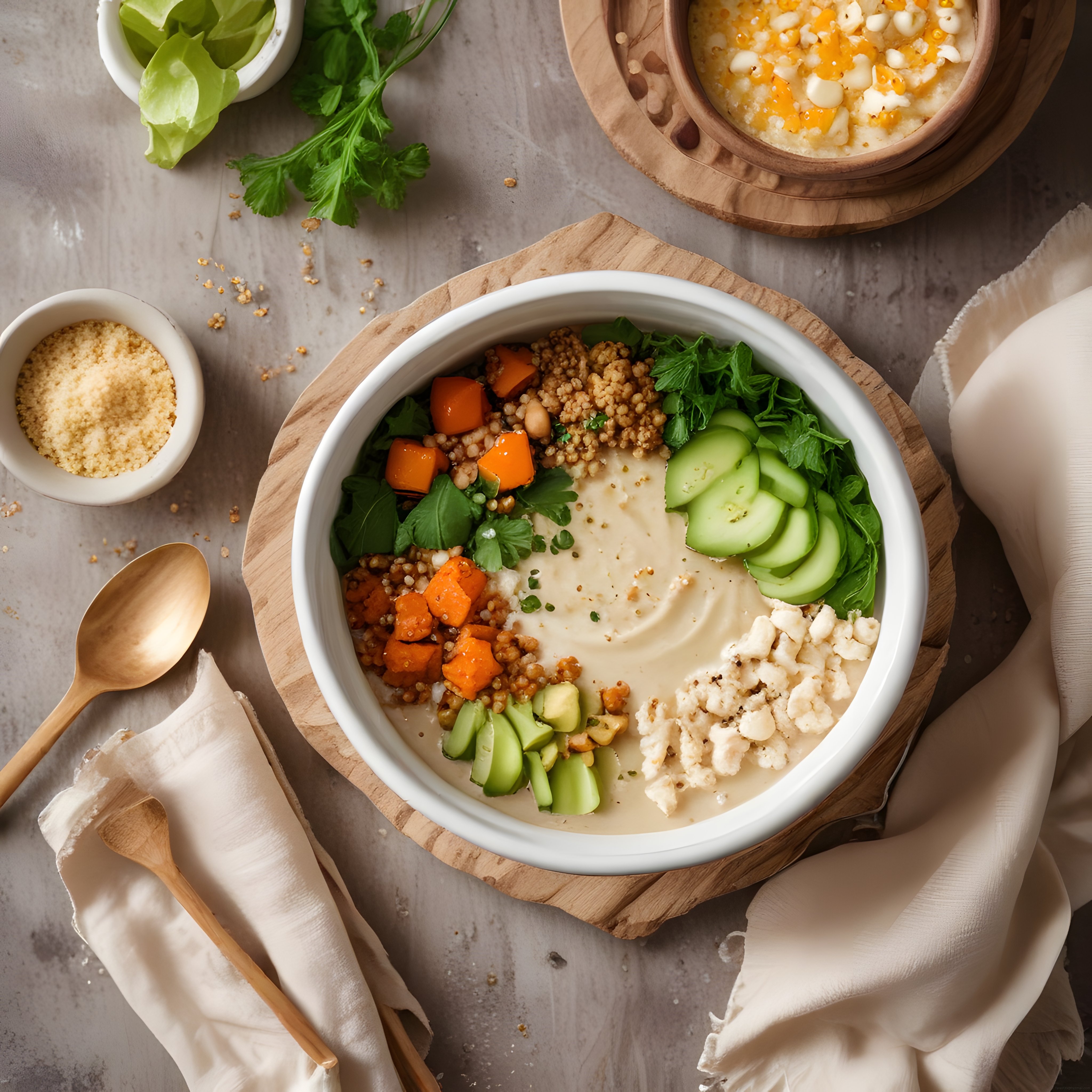 Humus tabanlı kavrulmuş sebzeli ve salatalıklı sağlıklı beslenme kasesi