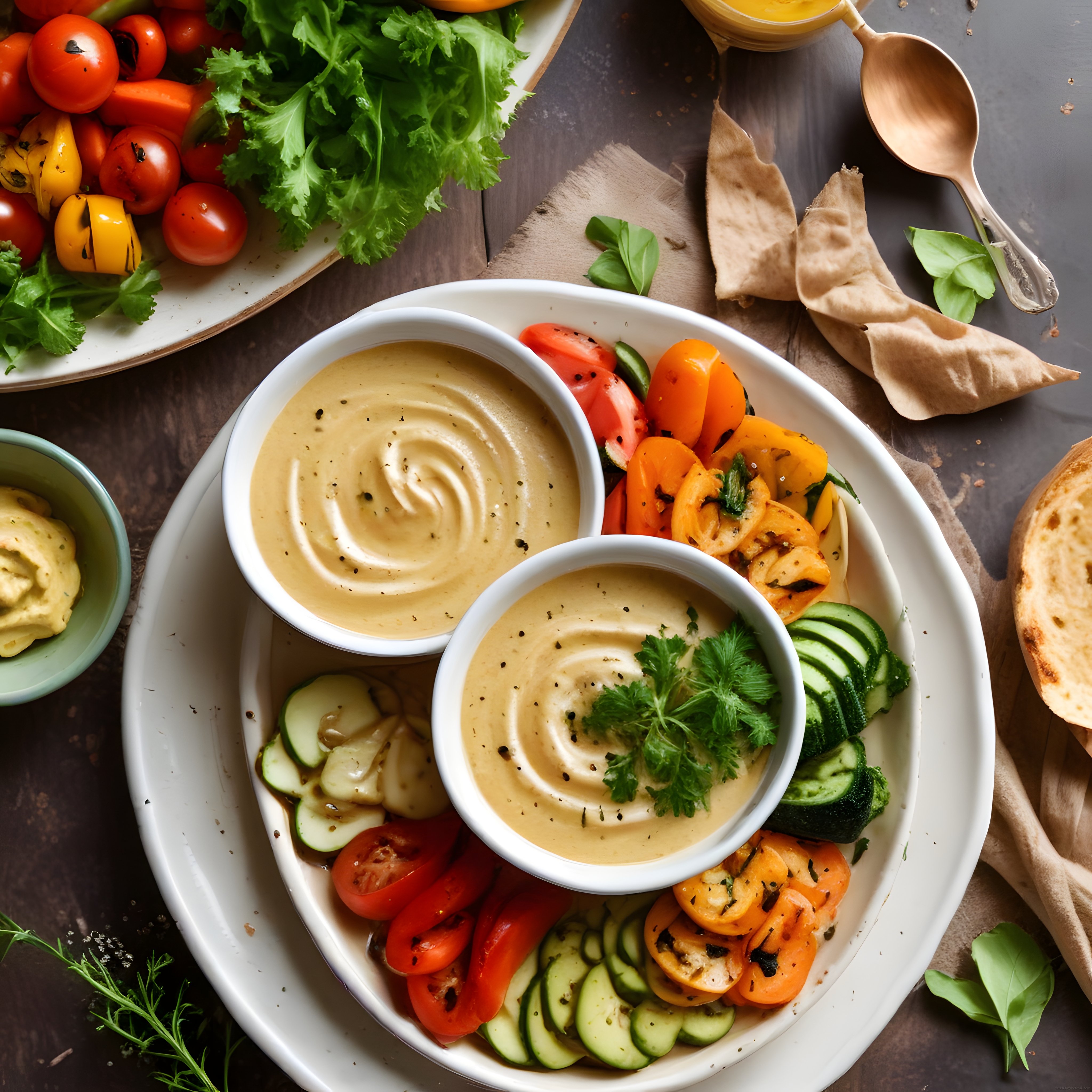 Humus ve ızgara sebzelerle zenginleştirilmiş rustik ahşap meze sunumu