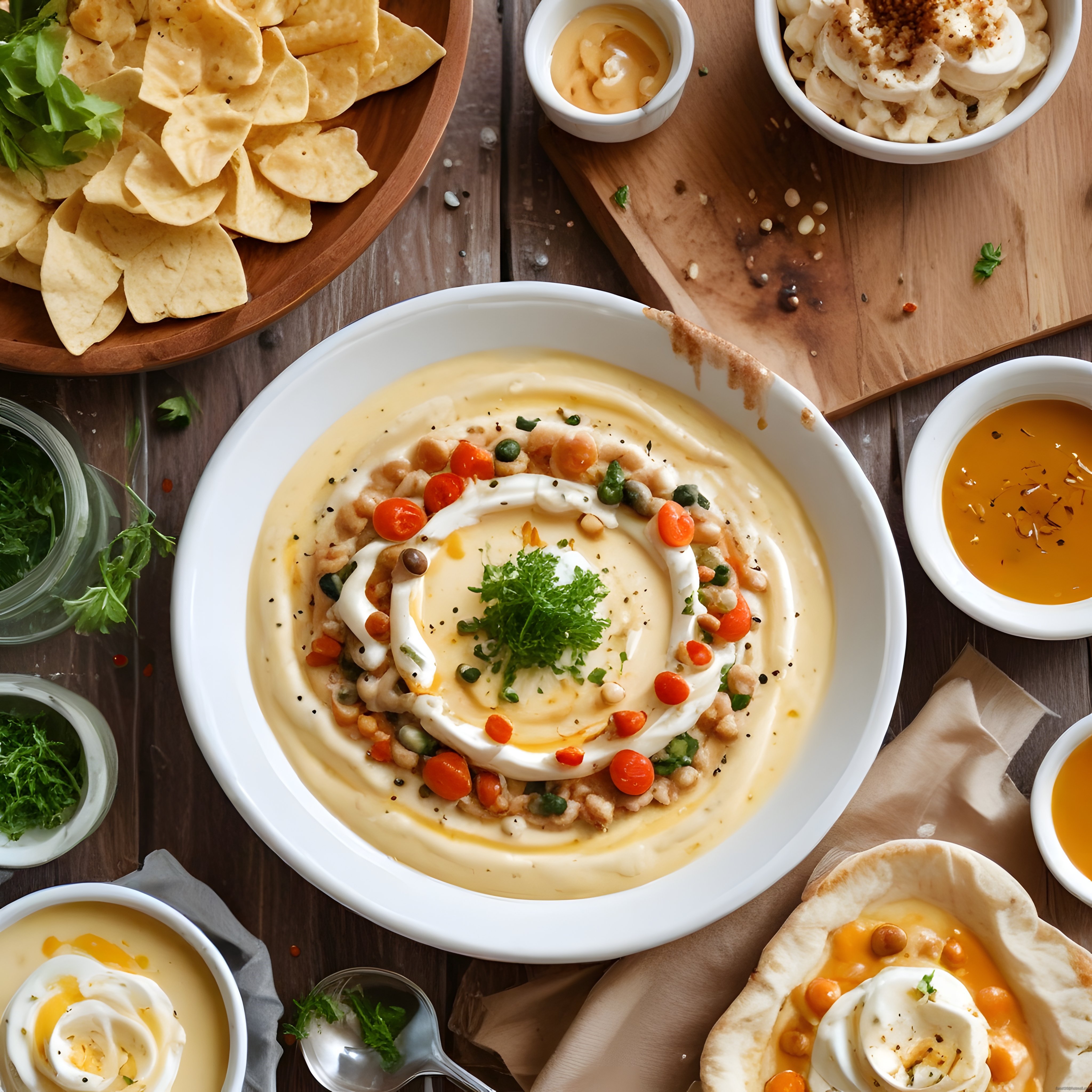 Humus ve Mezeler: Orta Doğu Lezzetlerinden Oluşan Renkli Gurme Sofrası