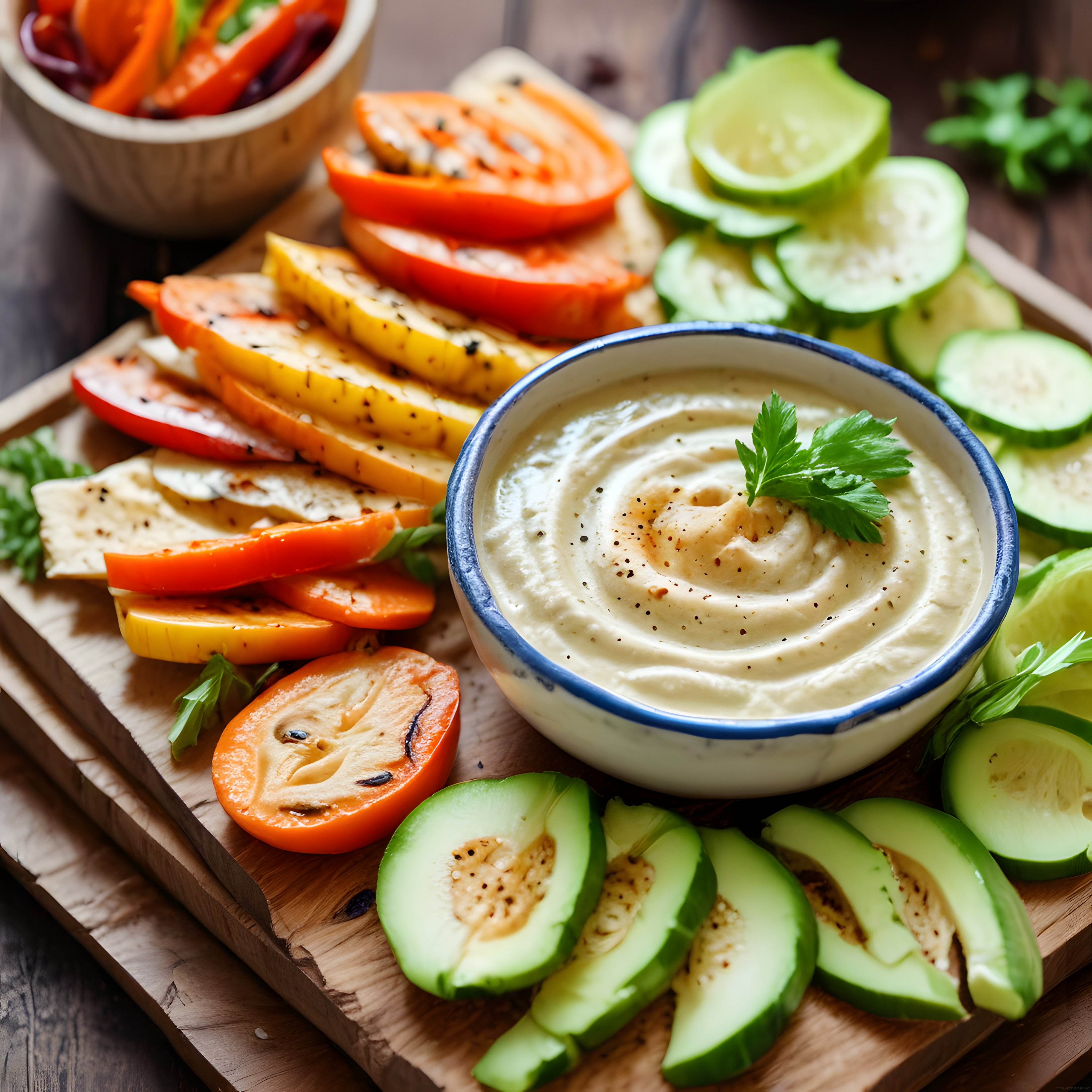Humus ve Renkli Sebzelerle Hazırlanan Sağlıklı Bir Atıştırmalık Tabağı