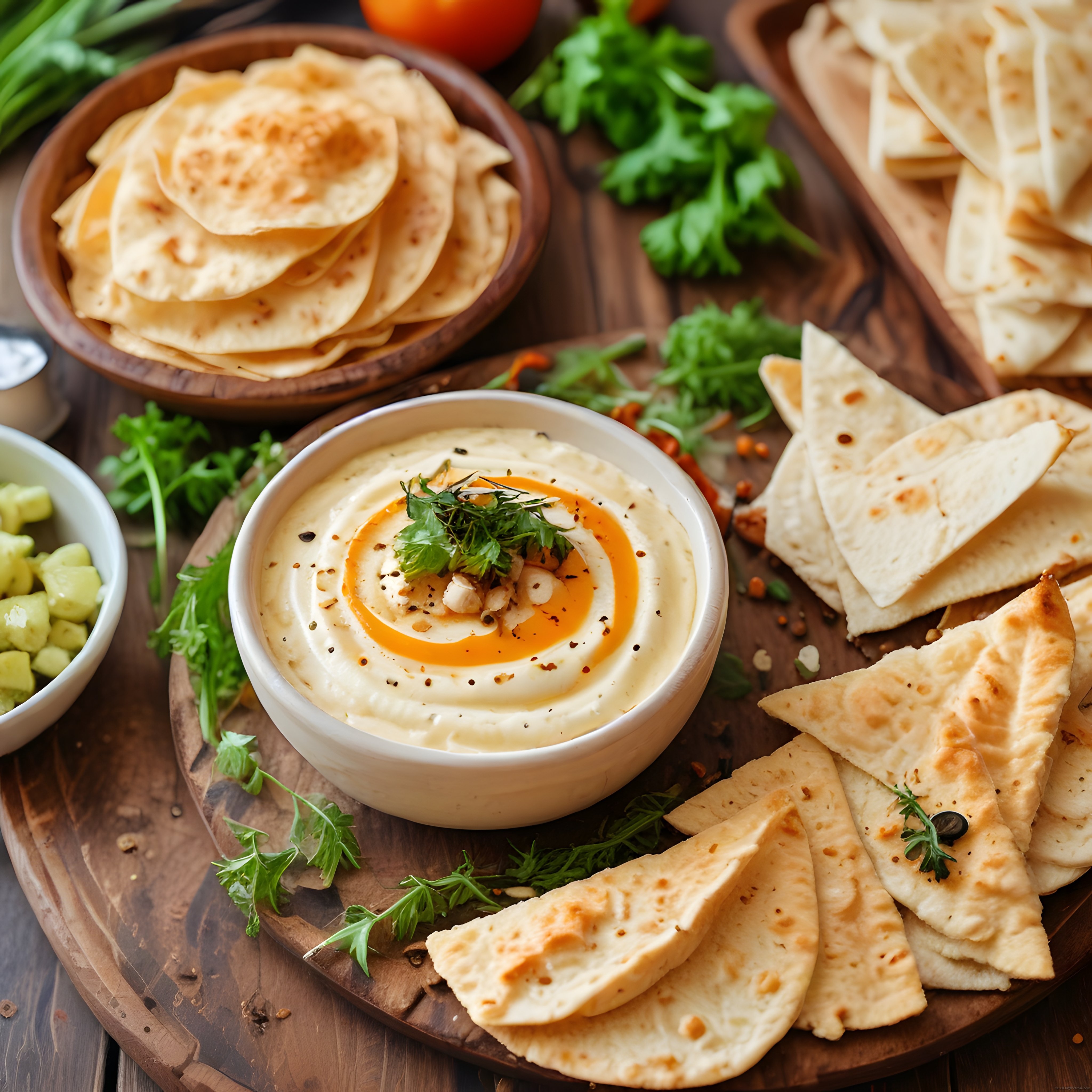 Humus ve Taze Lavaş Cipsiyle Hazırlanan Şık ve Lezzetli Meze Sunumu