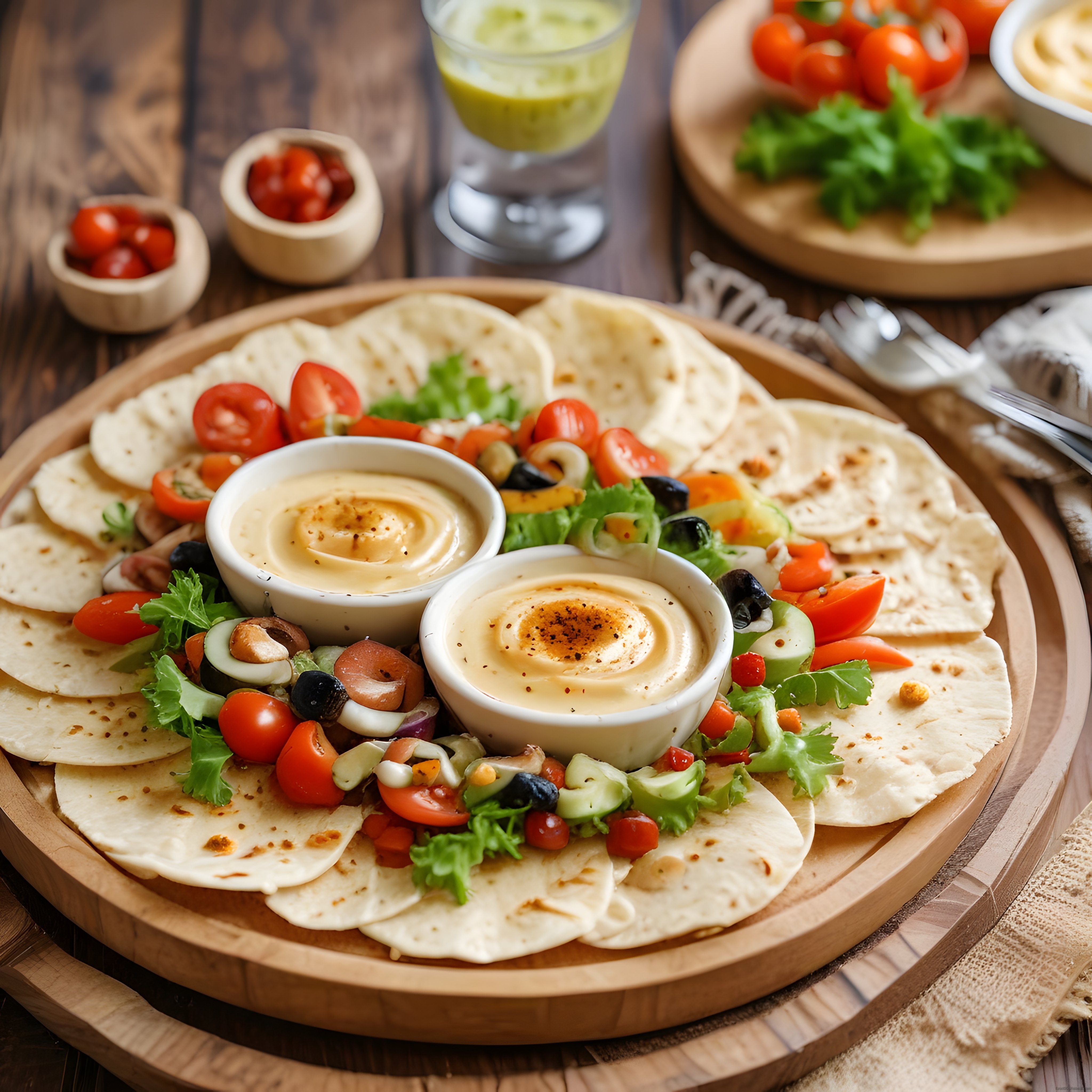 Humus ve Taze Sebzelerle Çıtır Lavaş Sunumu: Ev Yapımı Sağlıklı Meze Tabağı