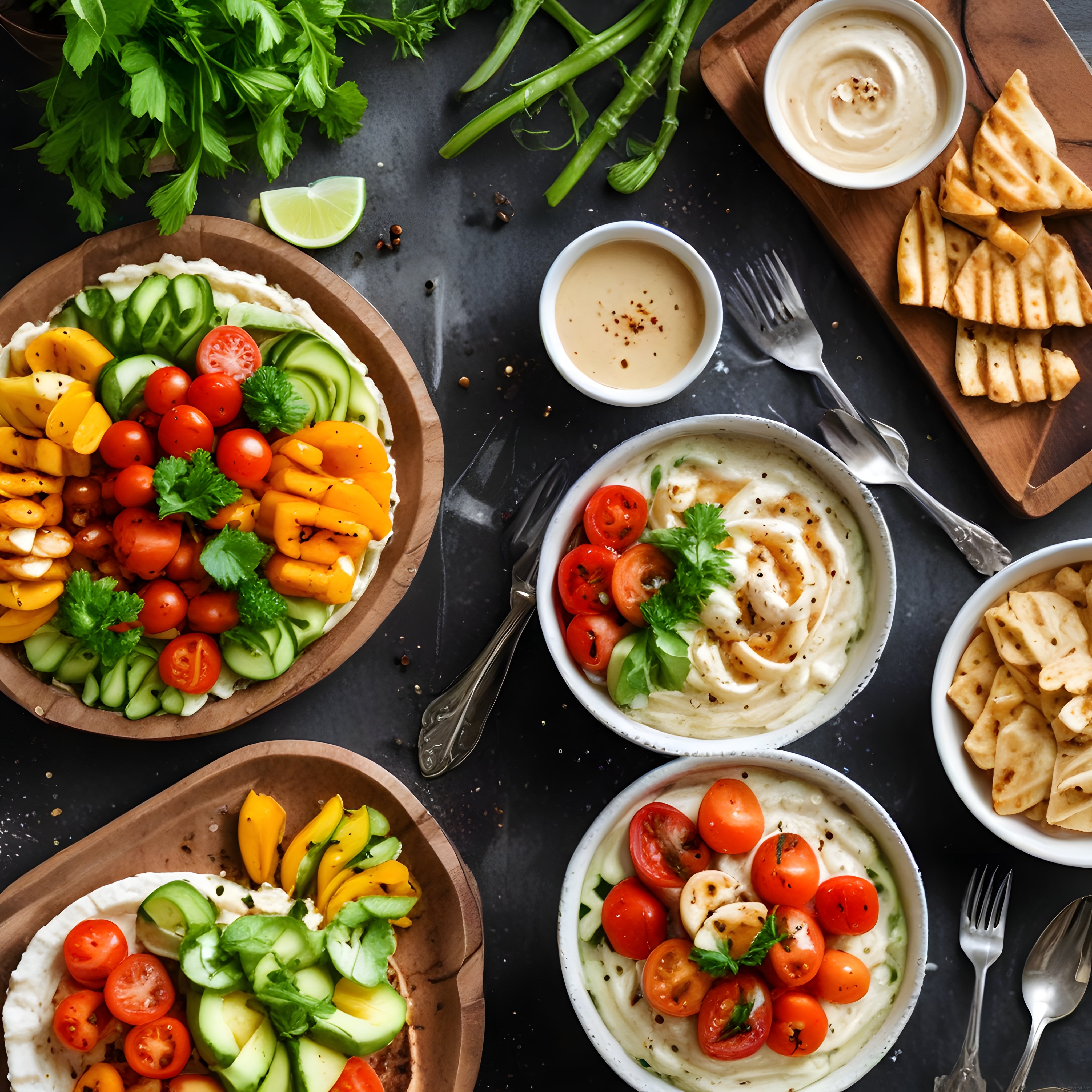 Humus ve Taze Sebzelerle Hazırlanan Sağlıklı Orta Doğu Meze Tabağı