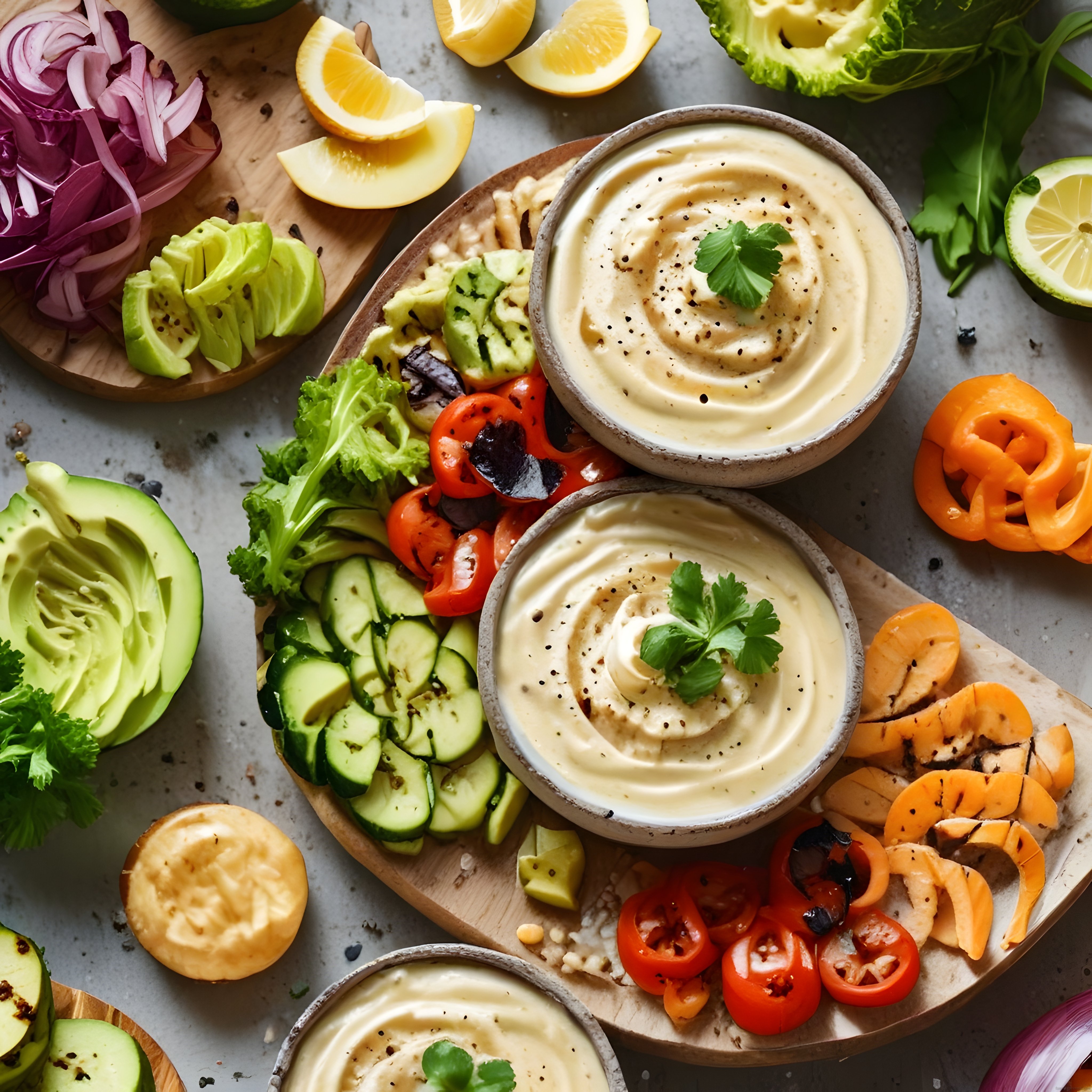Humus ve Taze Sebzelerle Hazırlanan Sağlıklı Renkli Vegan Meze Tabağı