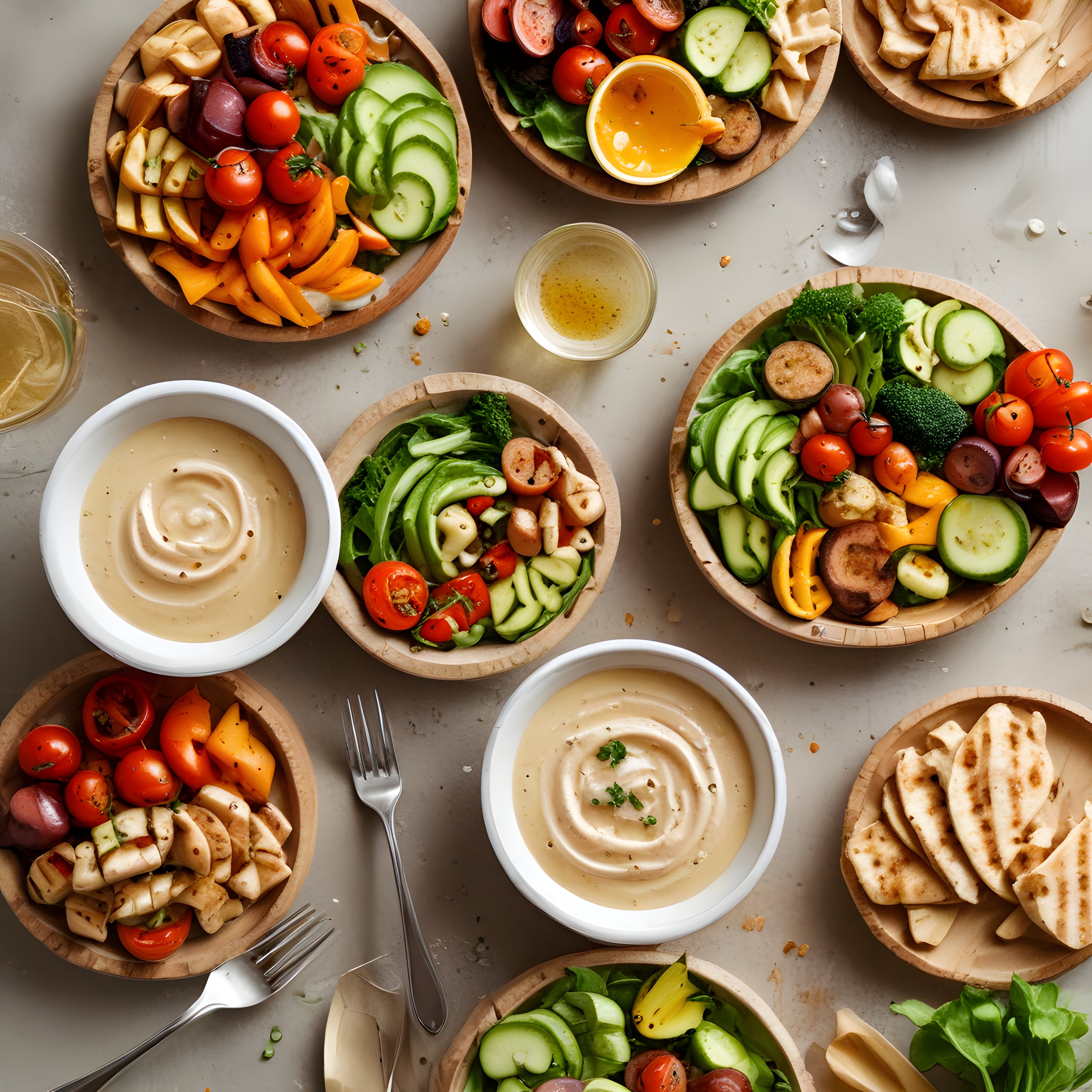 Humus ve Taze Sebzelerle Zengin Akdeniz Meze Masası: Sağlıklı ve Lezzetli Sunum