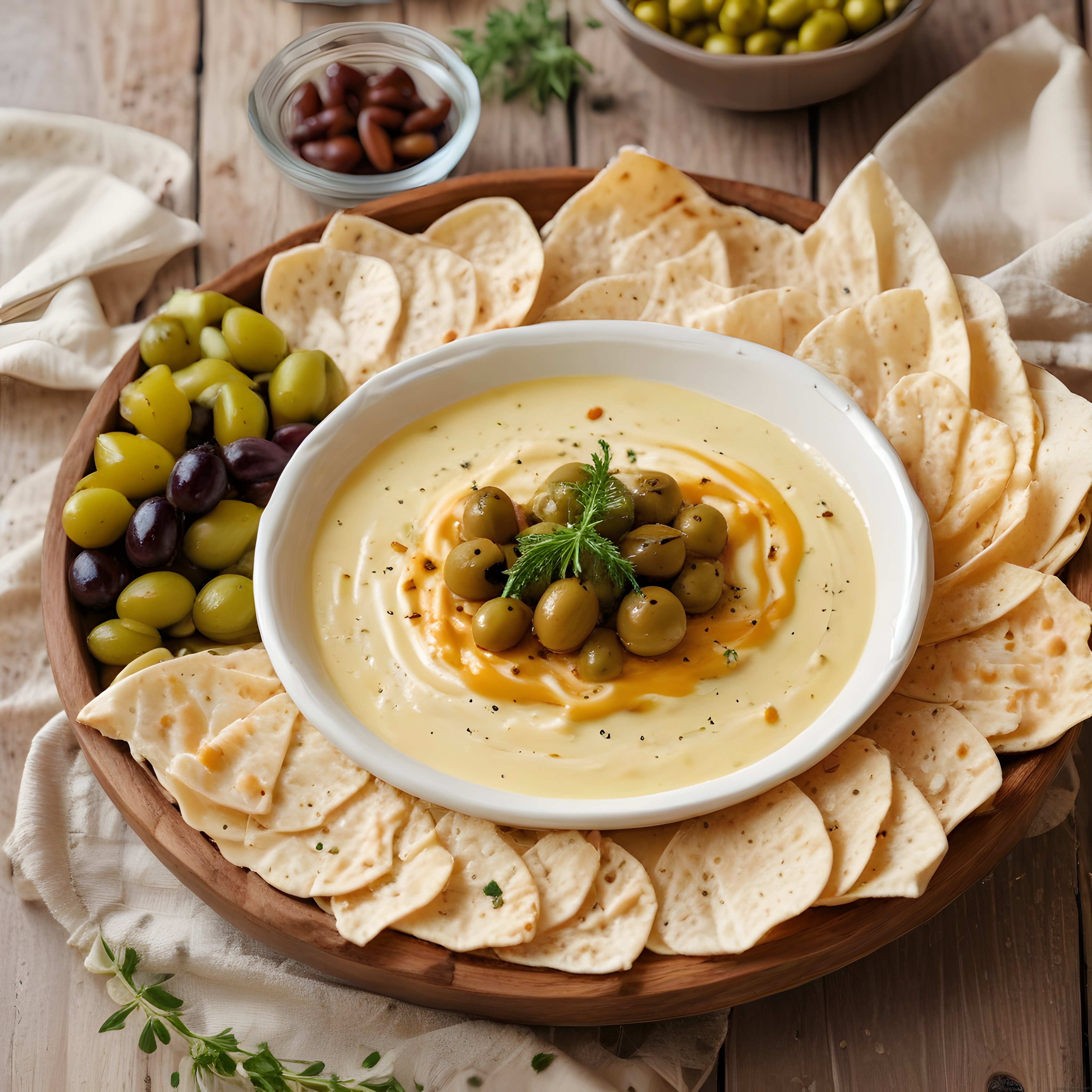 Humus ve Tortilla Cips Sunumu: Zeytinli Ev Yapımı Atıştırmalık Tabağı