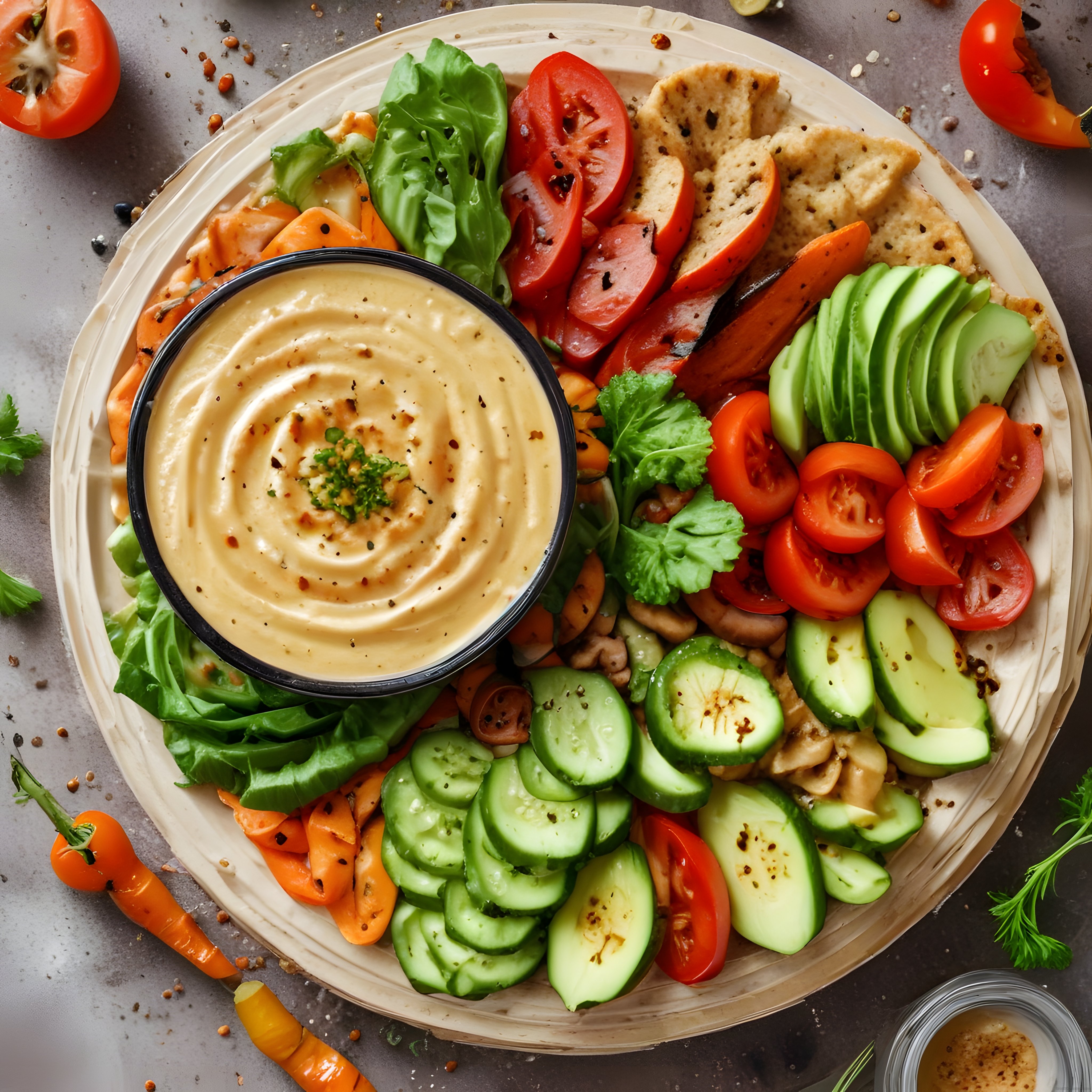 Humuslu Sebze Tabağı: Sağlıklı Beslenmeye Uygun Renkli Vegan Meze Sunumu