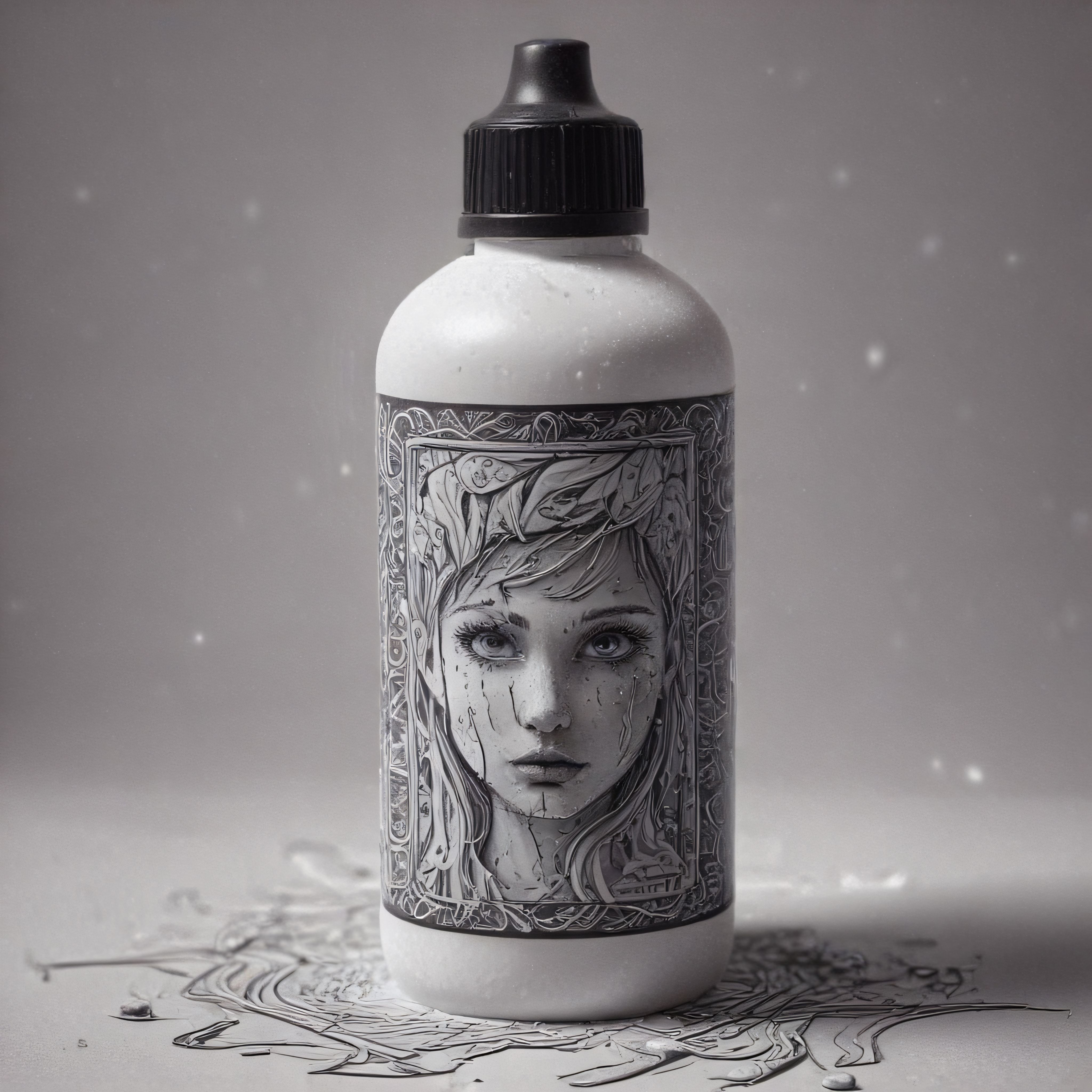 Hüzünlü Bakışlar: Mürekkep Desenli Sanatsal Şişe Tasarımı ve Siyah Beyaz Estetik