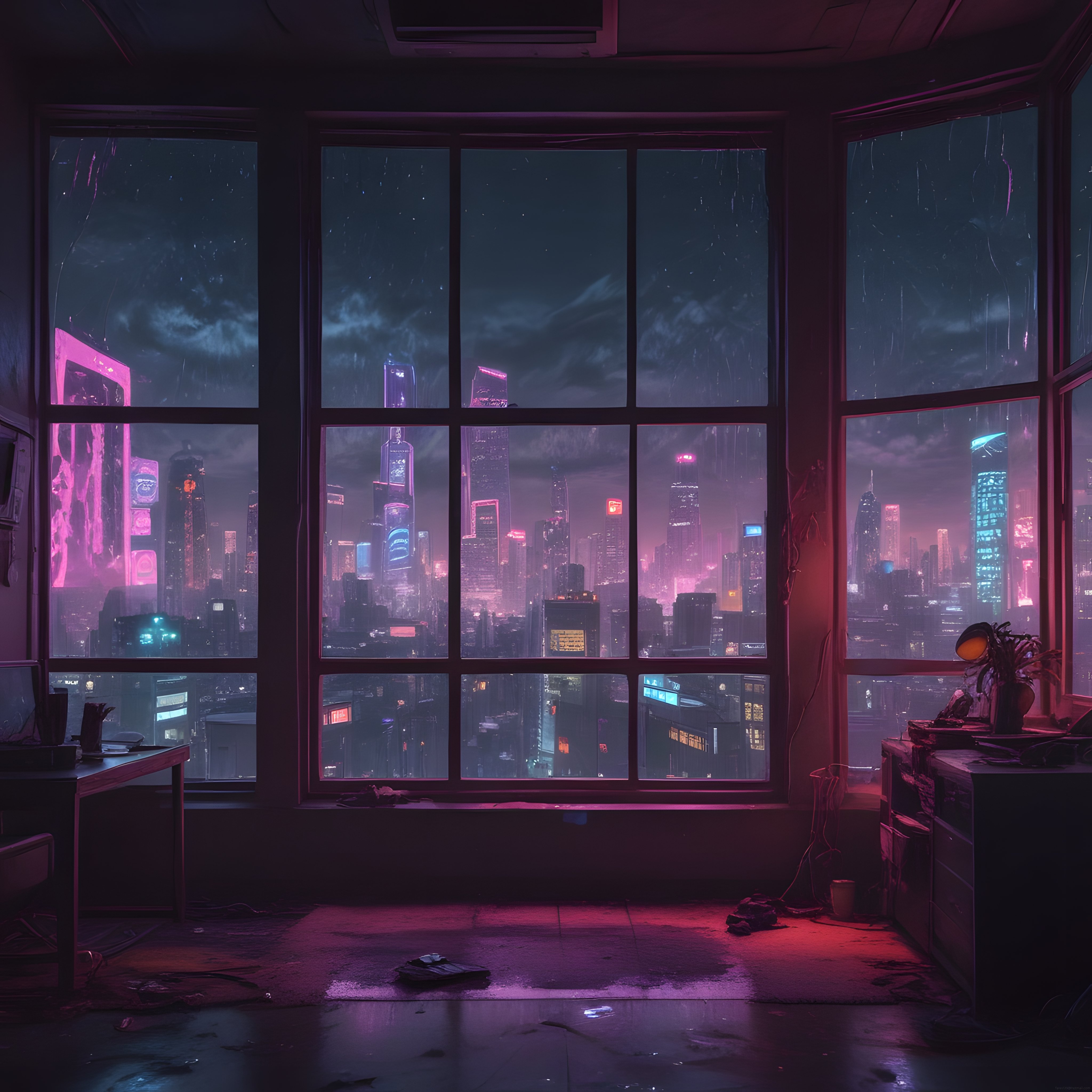 Hüzünlü Neon Işıklarıyla Aydınlanmış Yağmurlu Cyberpunk Şehir Manzarası