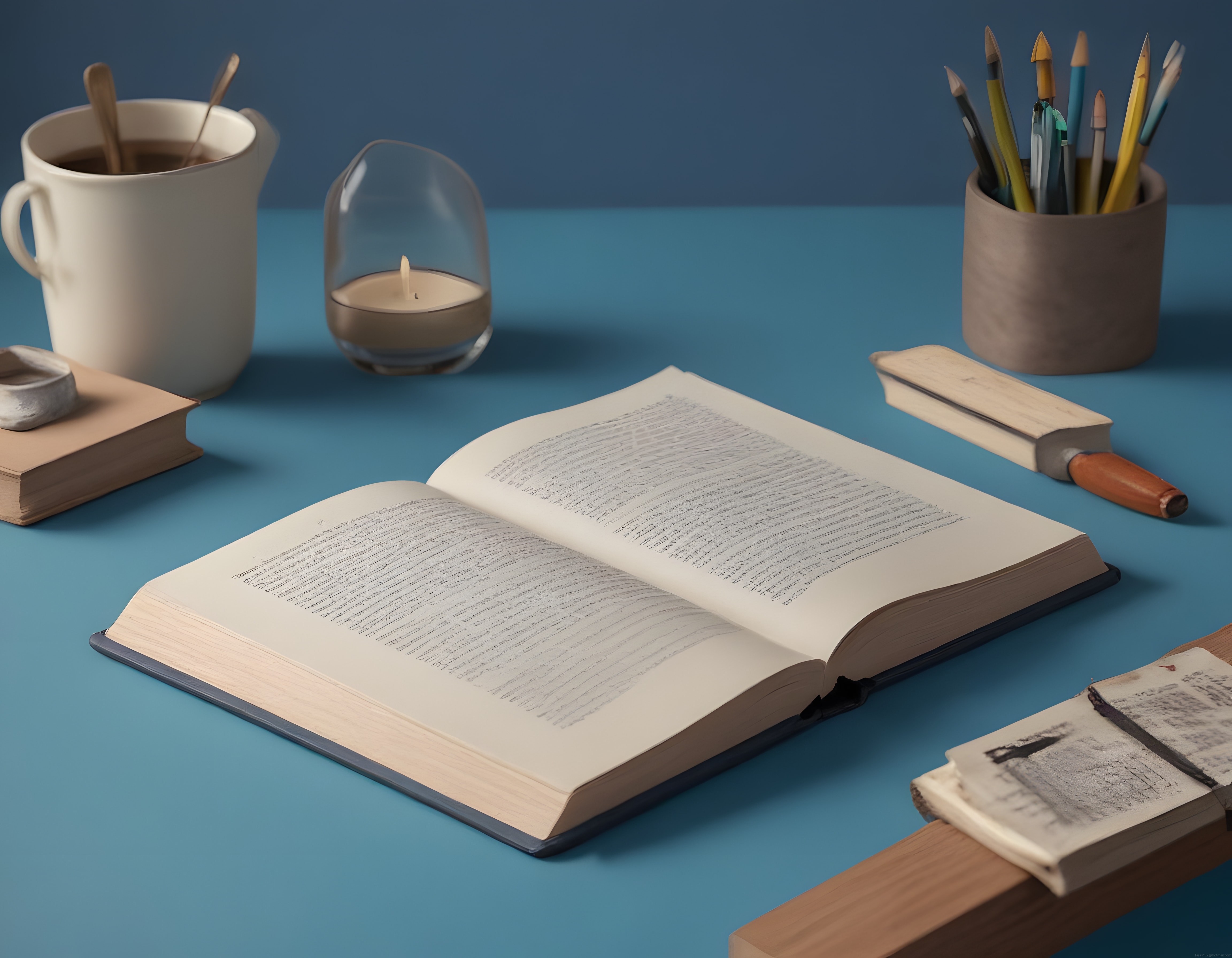 Huzur Dolu Bir Çalışma Anı: Açık Kitap, Mum Işığı ve Vintage Detaylar