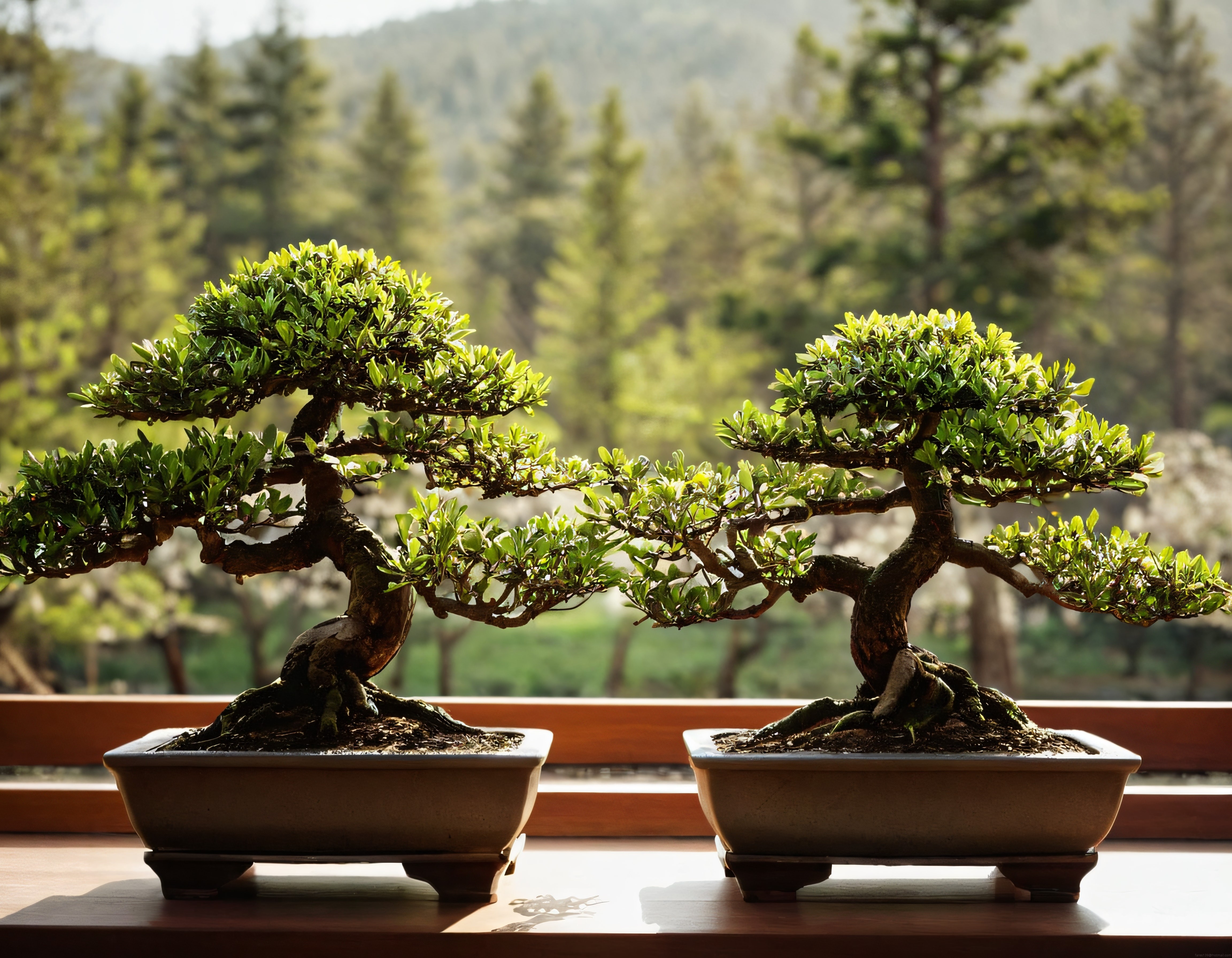 Huzur Veren İki Bonsai Ağacı: Ahşap Saksıda Zarif Formlar ve Orman Manzarası