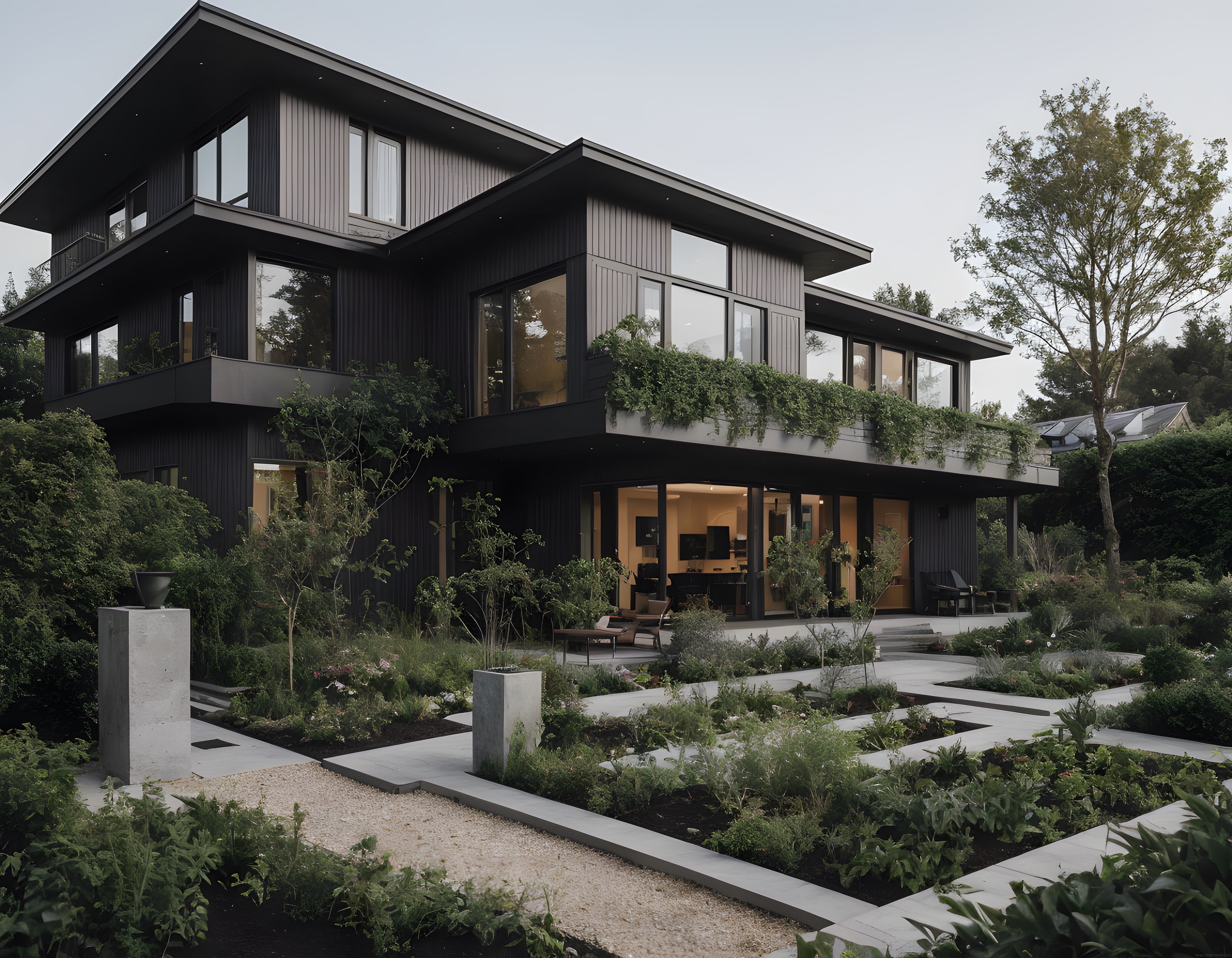 Huzurlu Atmosferde Doğayla Uyumlu Çağdaş Siyah Villa ve Bahçesi