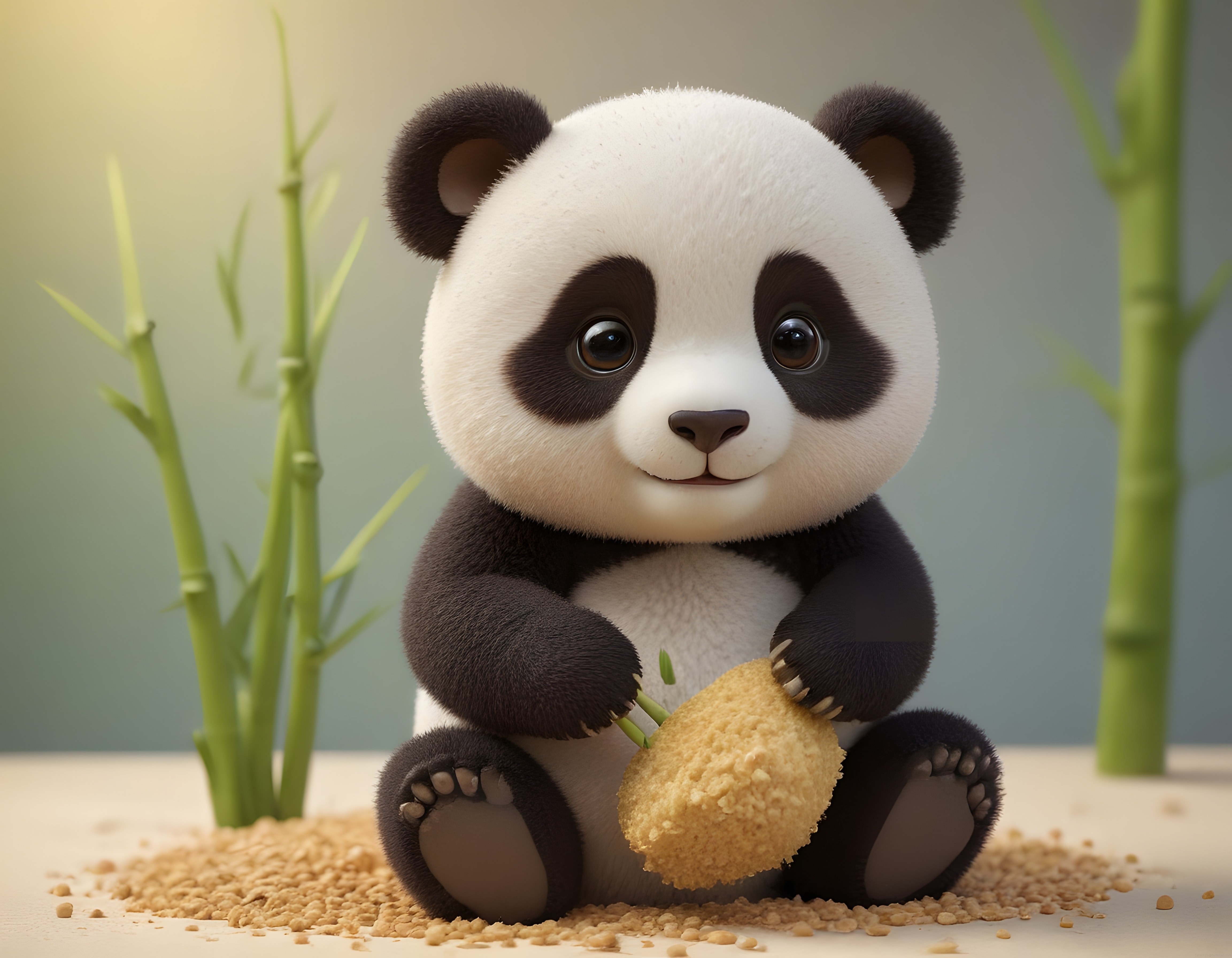 Huzurlu Panda Yavrusu Bambu Arasında Oturuyor Sevimli 3D İllüstrasyon