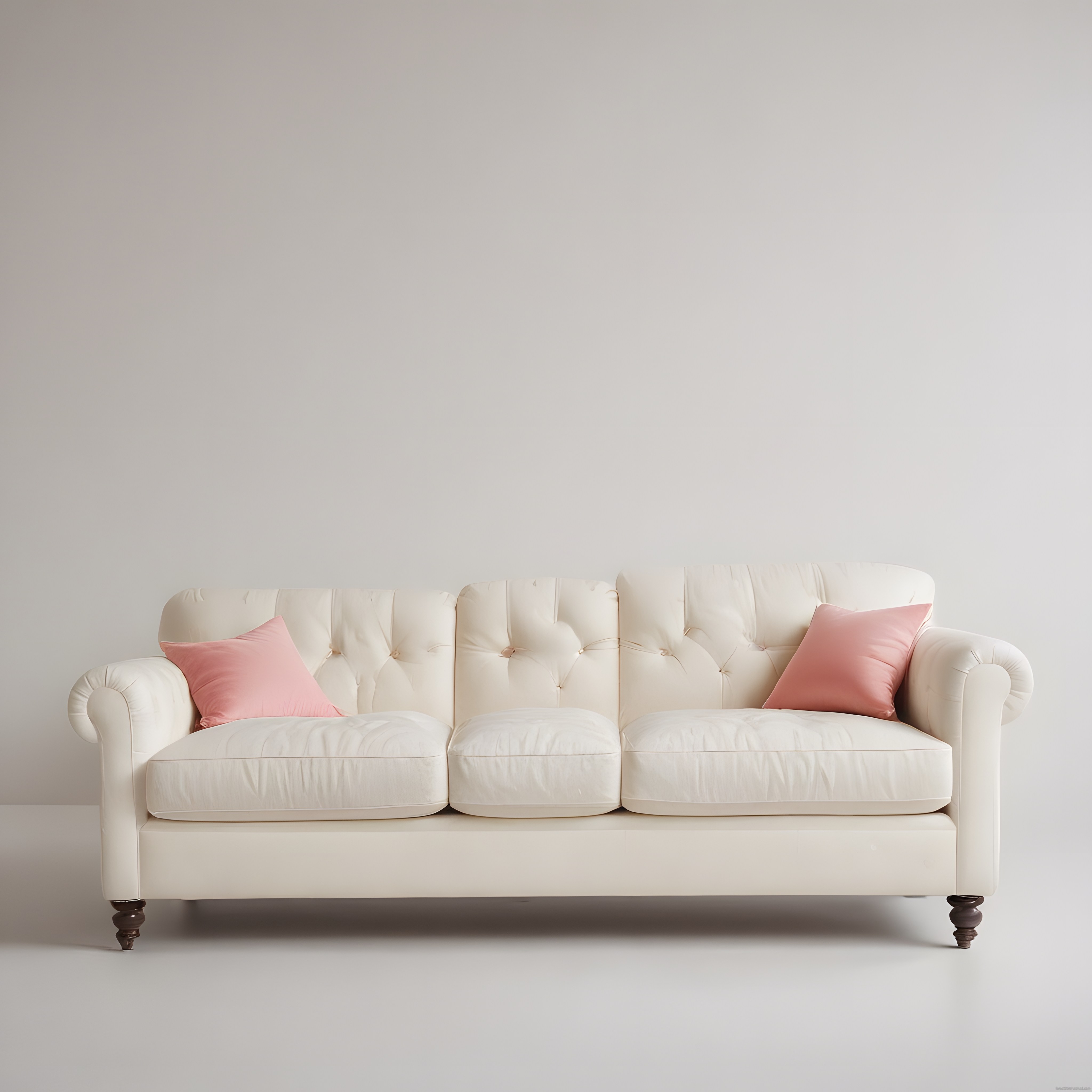 Huzurlu ve zarif krem chesterfield kanepe, pembe yastıklarla minimalist iç mekan
