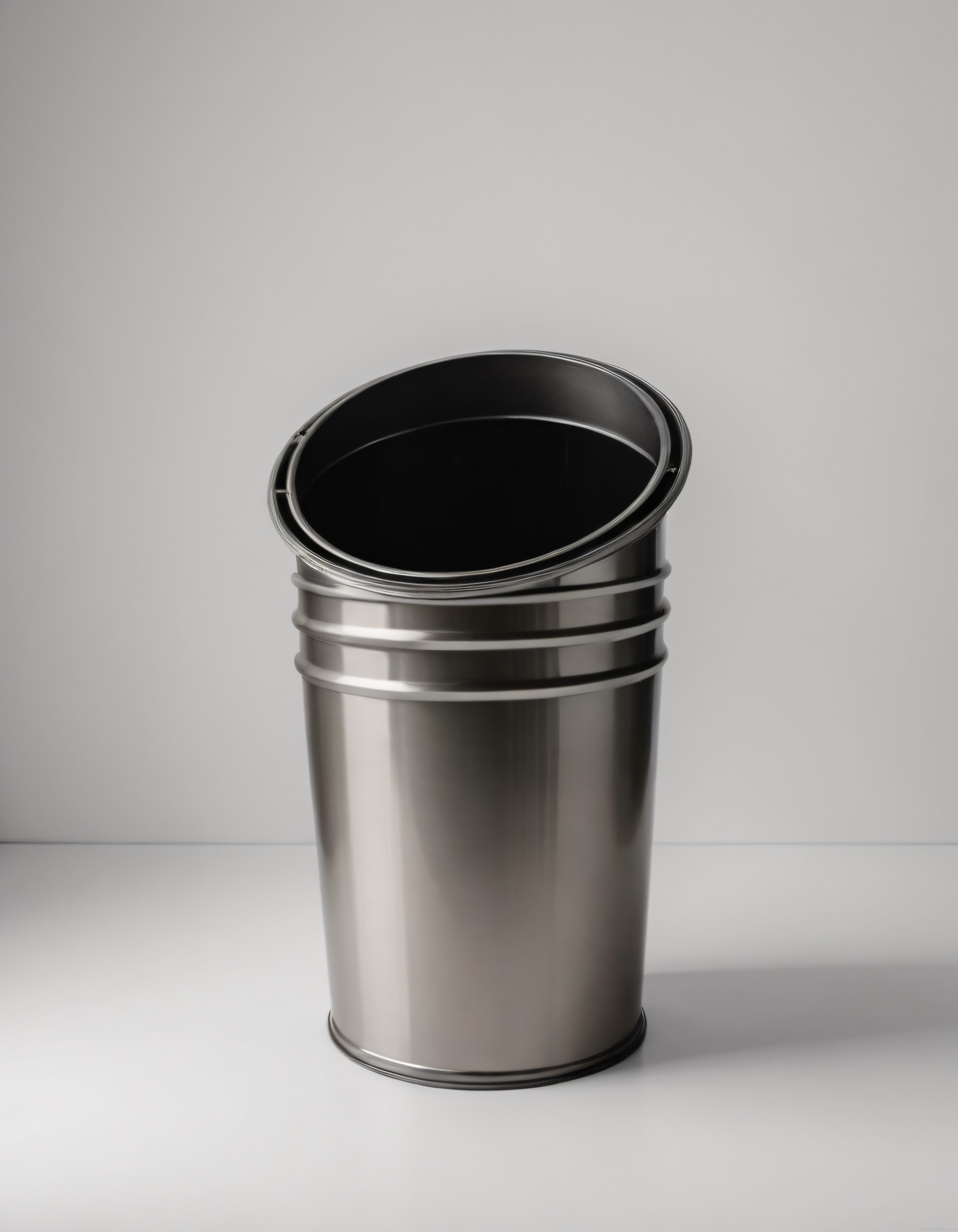 İç içe geçmiş parlak metal kovaların minimalist beyaz arka planlı sunumu