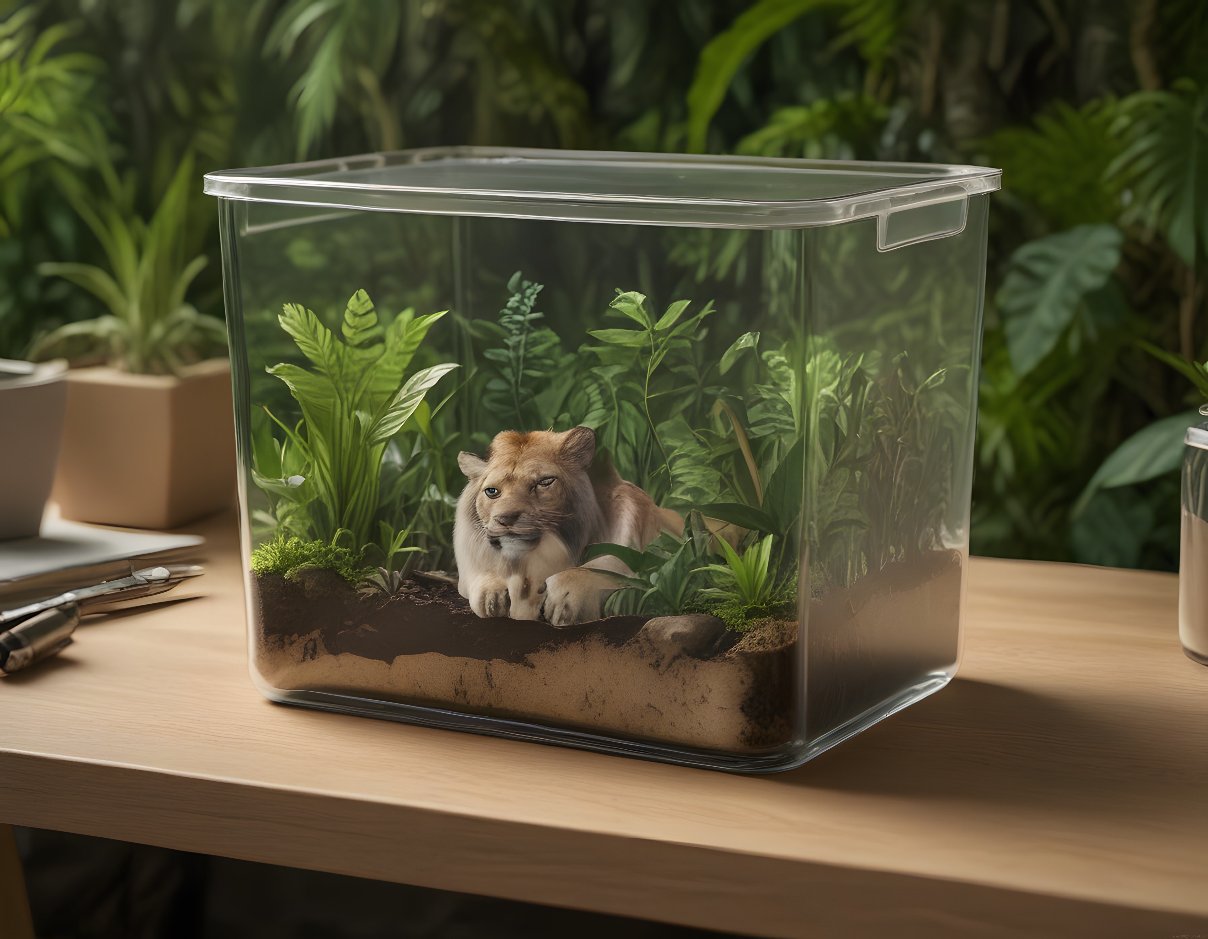 İç Mekan Dekorasyonu: Minyatür Aslan Figürlü Cam Terrarium ve Bitkiler