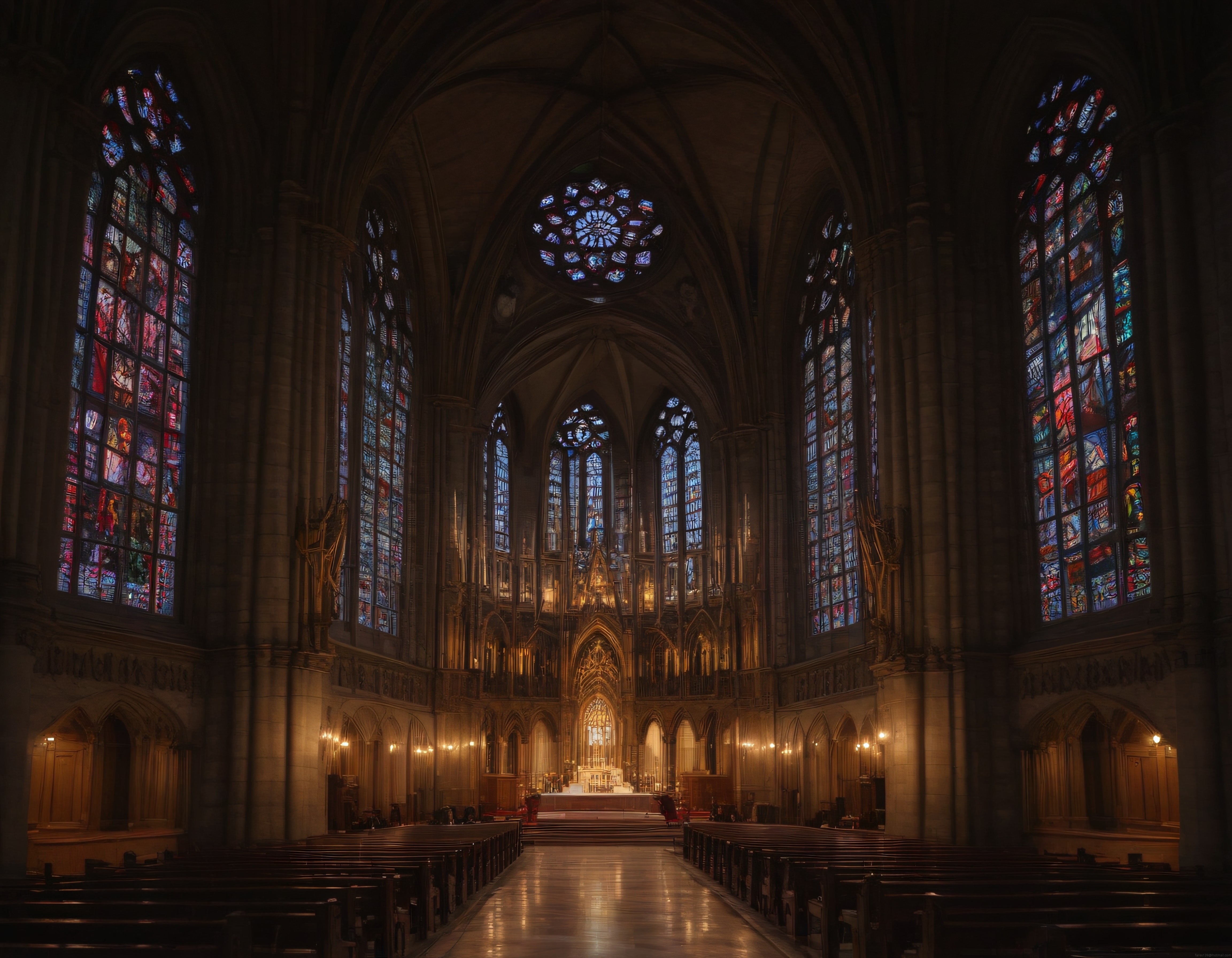 İhtişamlı Gotik Katedral İçi: Vitraylar, Yüksek Tavanlar ve Mistik Atmosfer