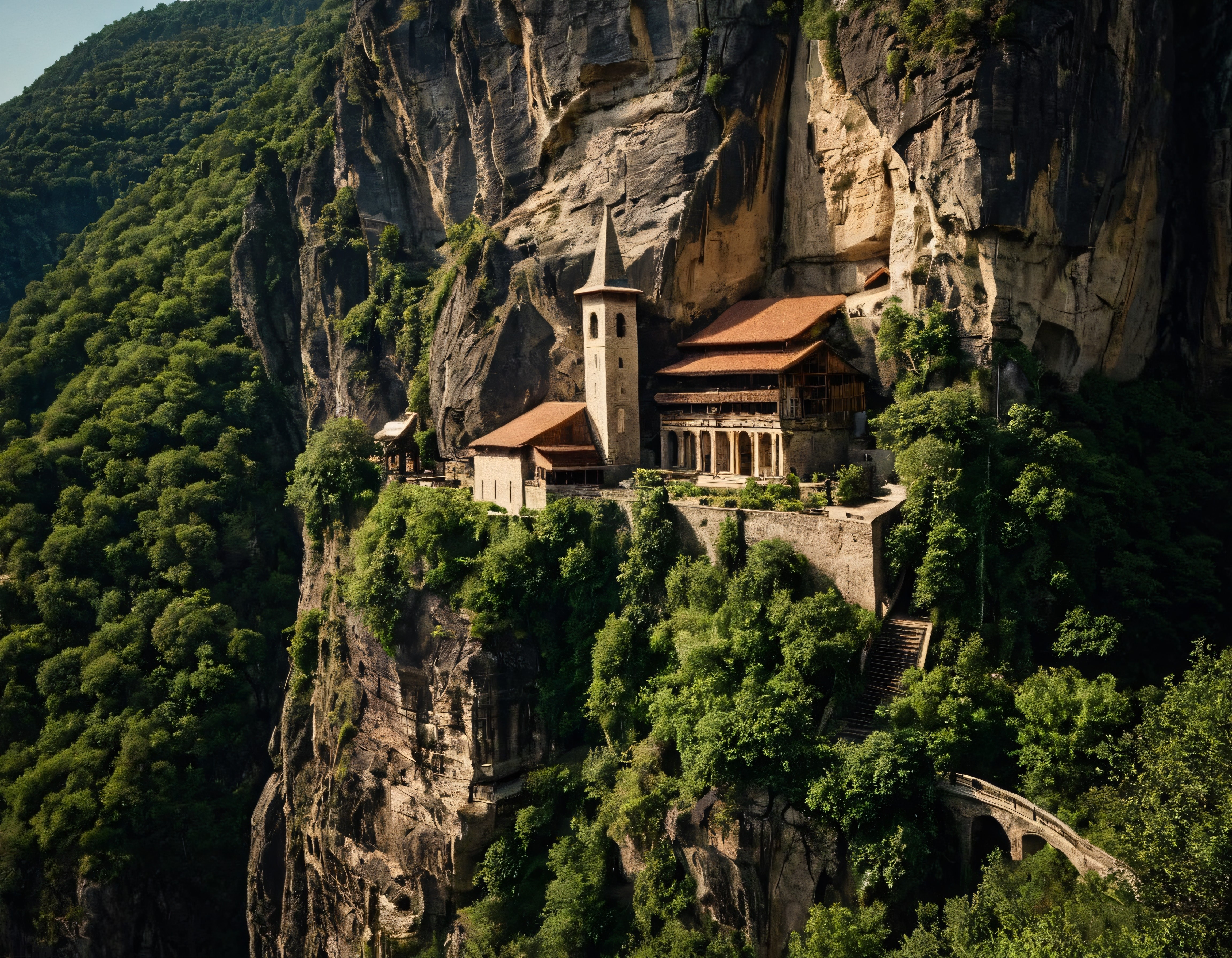 İhtişamlı Kaya Duvarına Gömülü Antik Manastır ve Taş Köprü Manzarası