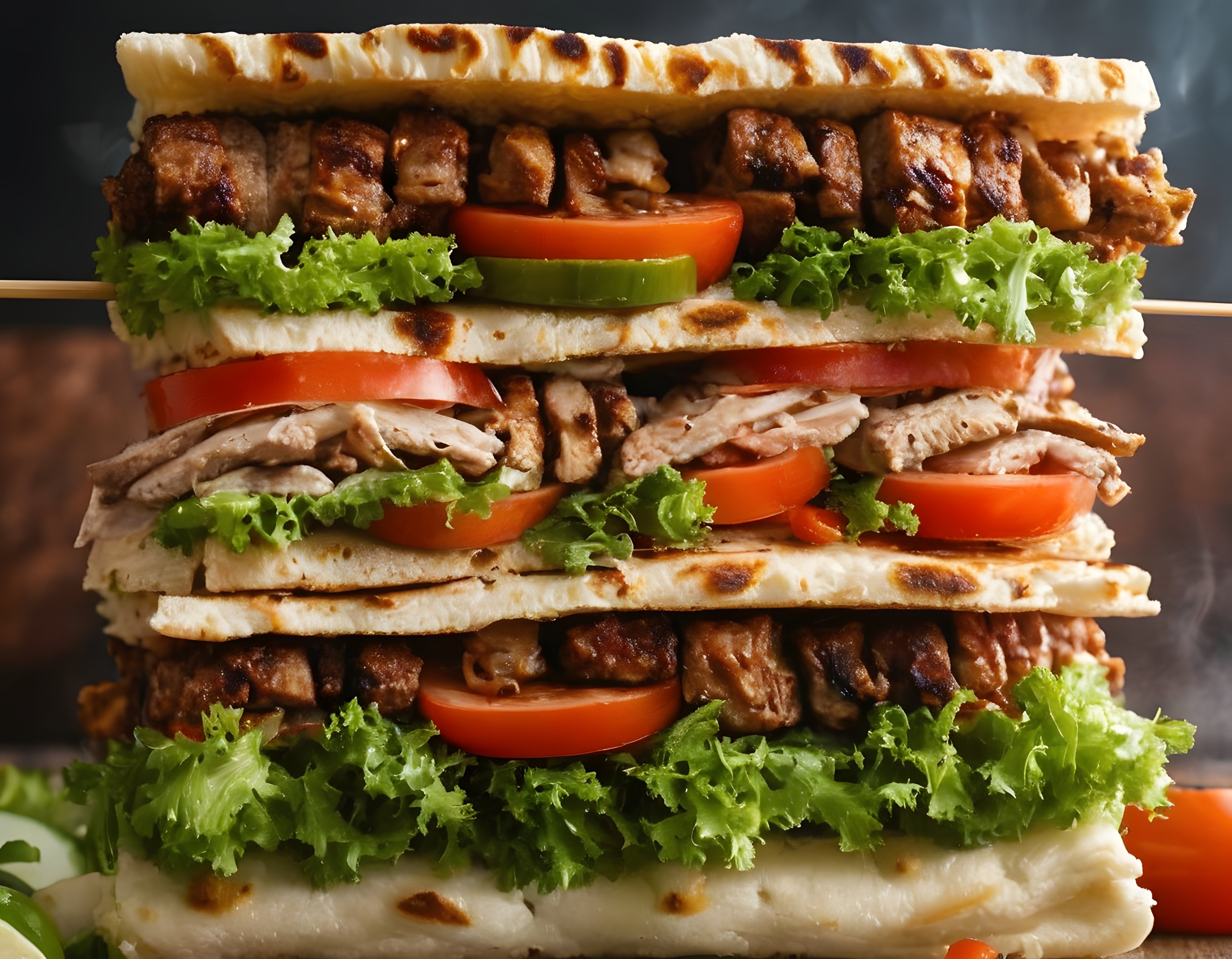 İhtişamlı Üç Katmanlı Bazlama Arası Izgara Et ve Tavuk Dürümü