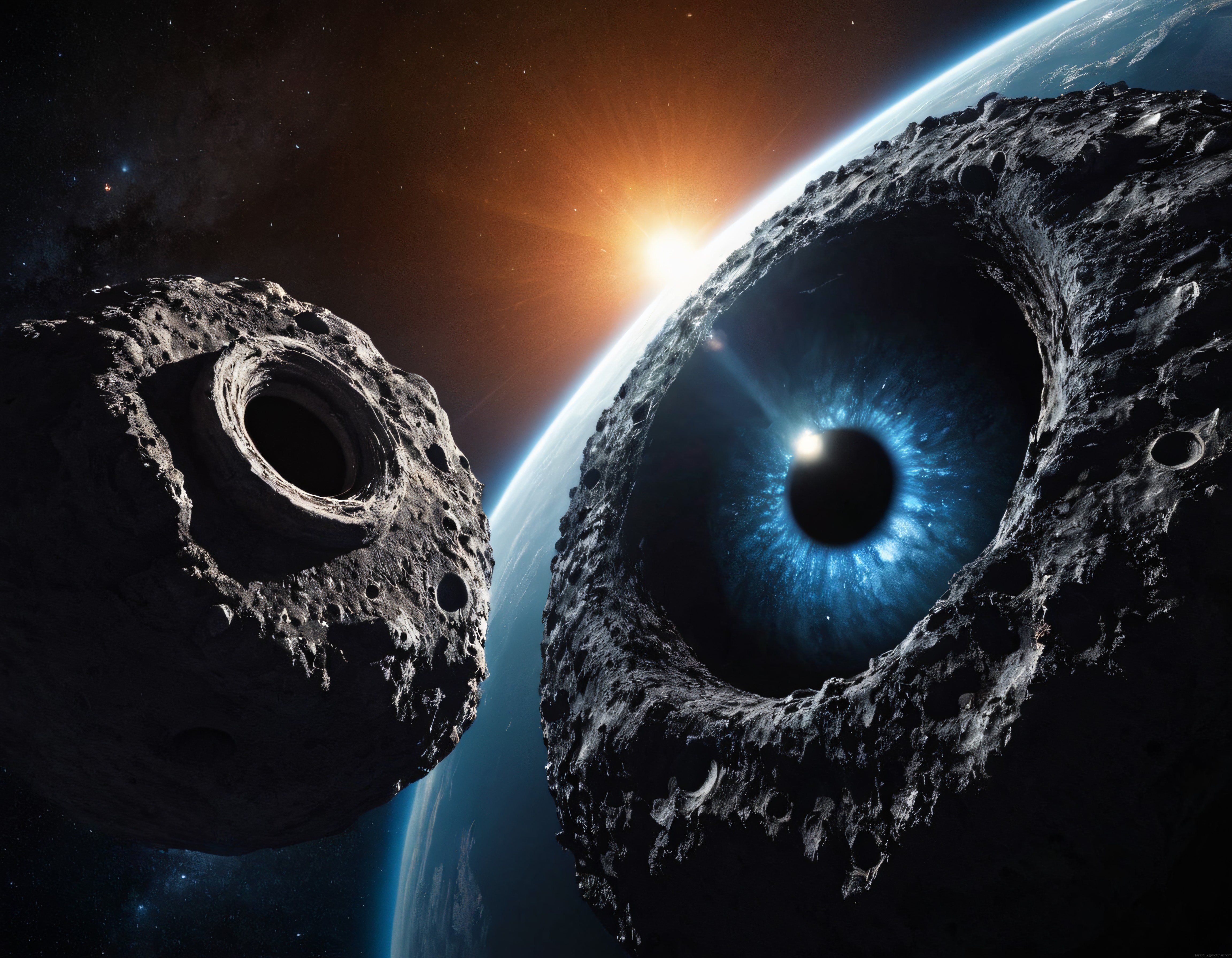 İki Devasa Asteroidin Deliklerinden Sızan Kozmik Işık ve Mavi Gezegen