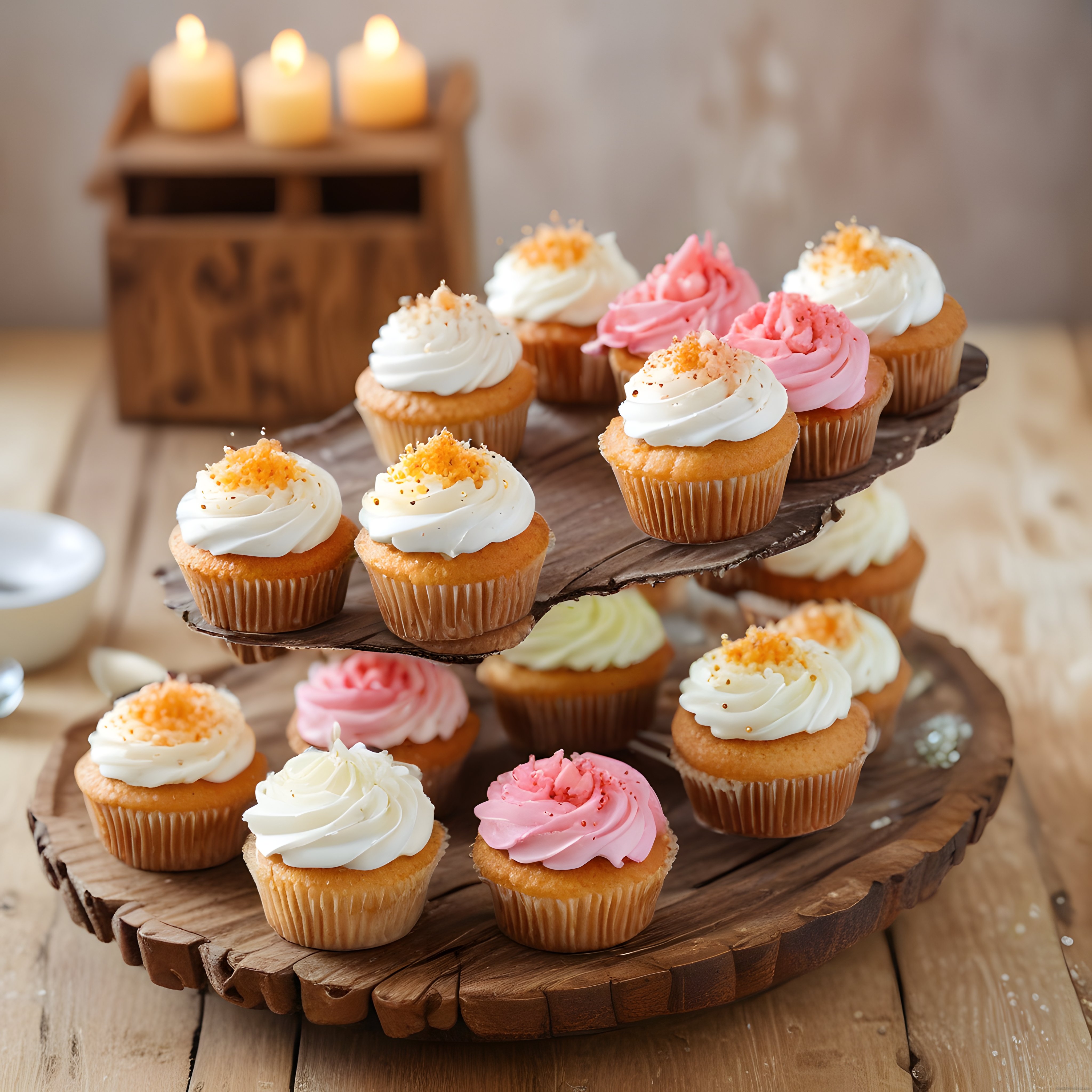 İki katlı ahşap standda beyaz ve pembe krema süslemeli neşeli cupcake'ler