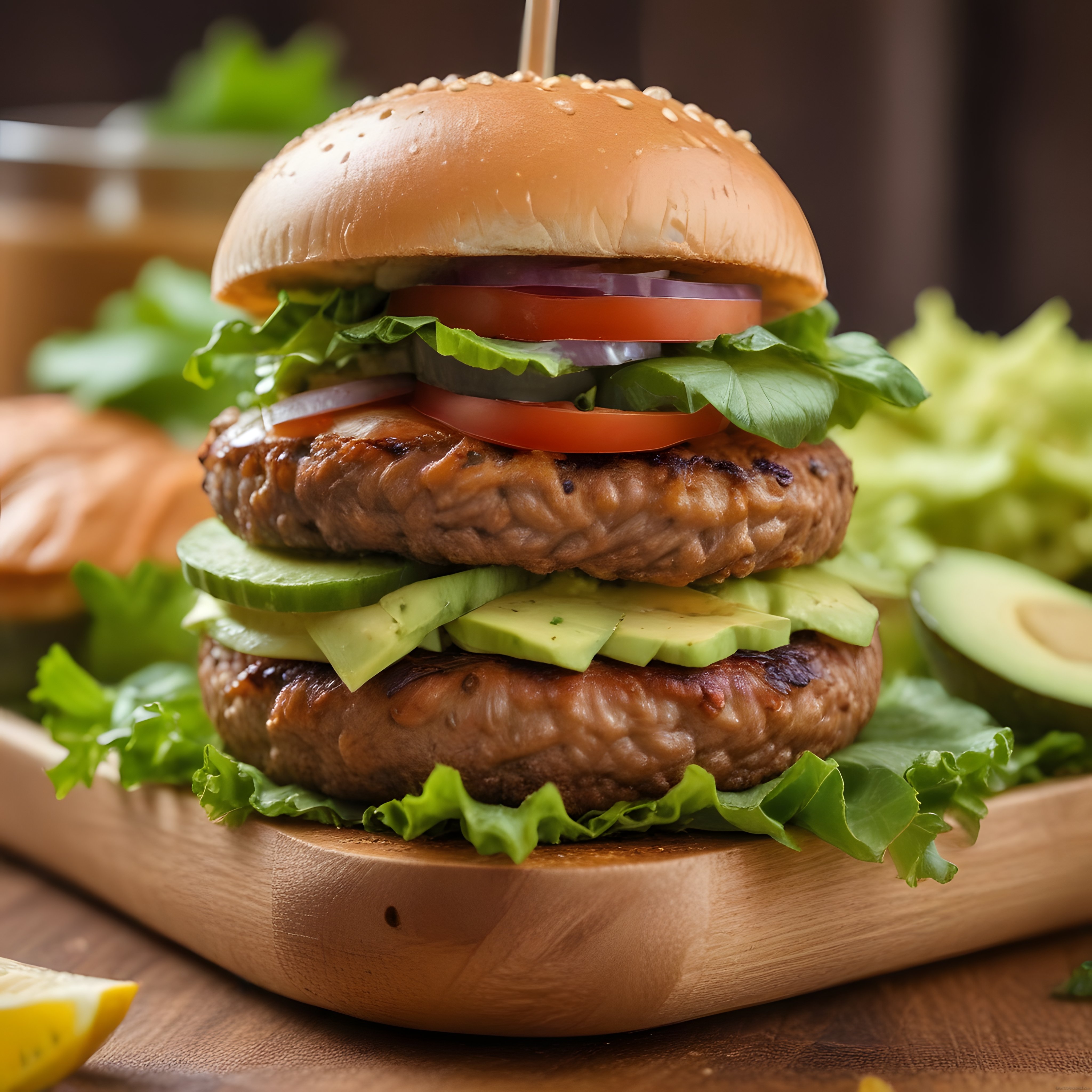 İki Katlı Avokadolu Izgara Burger: Çift Köfte, Taze Sebzeler ve Susamlı Ekmek