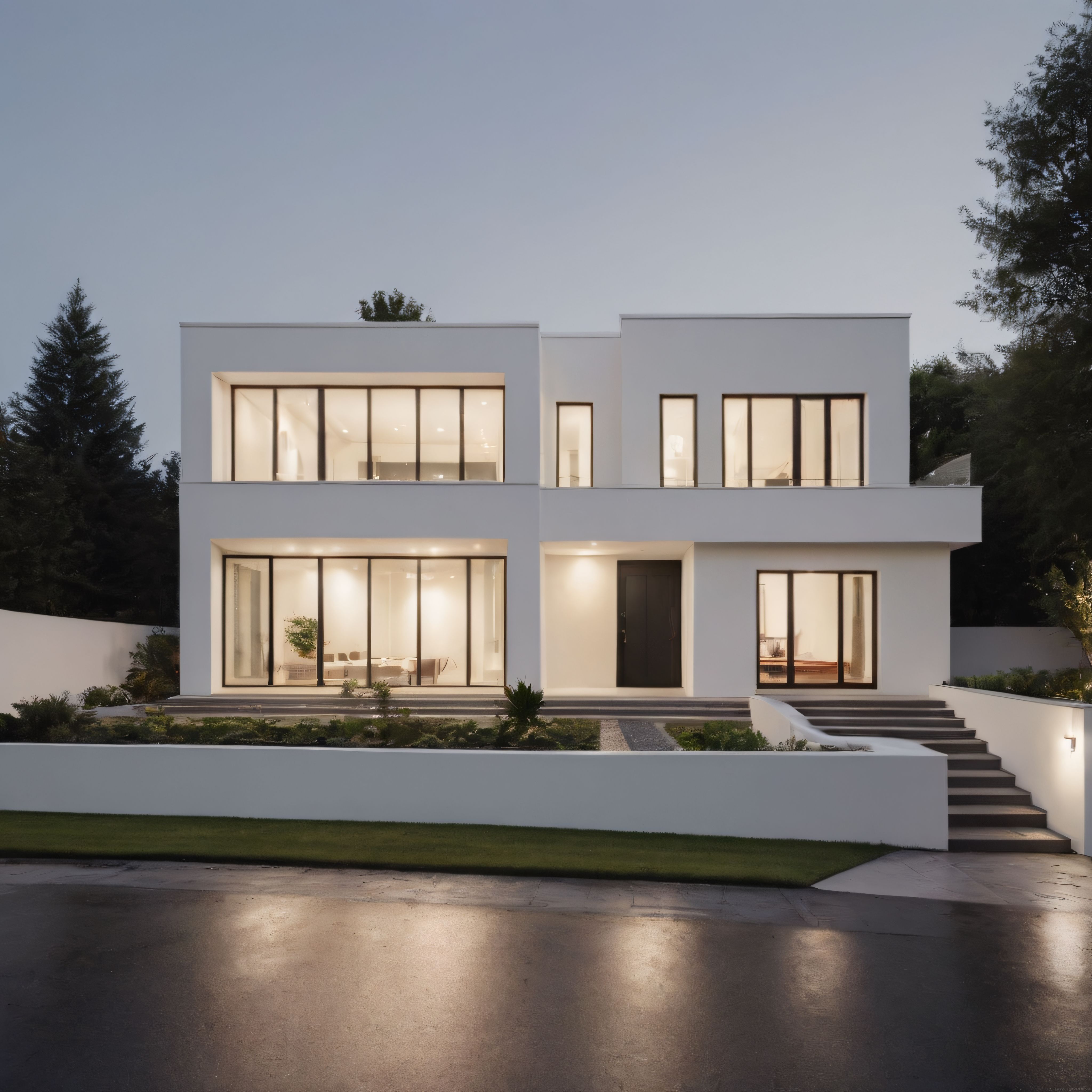 İki Katlı Beyaz Modern Villa ve Akşam Işığında Cam Cephe Detayları
