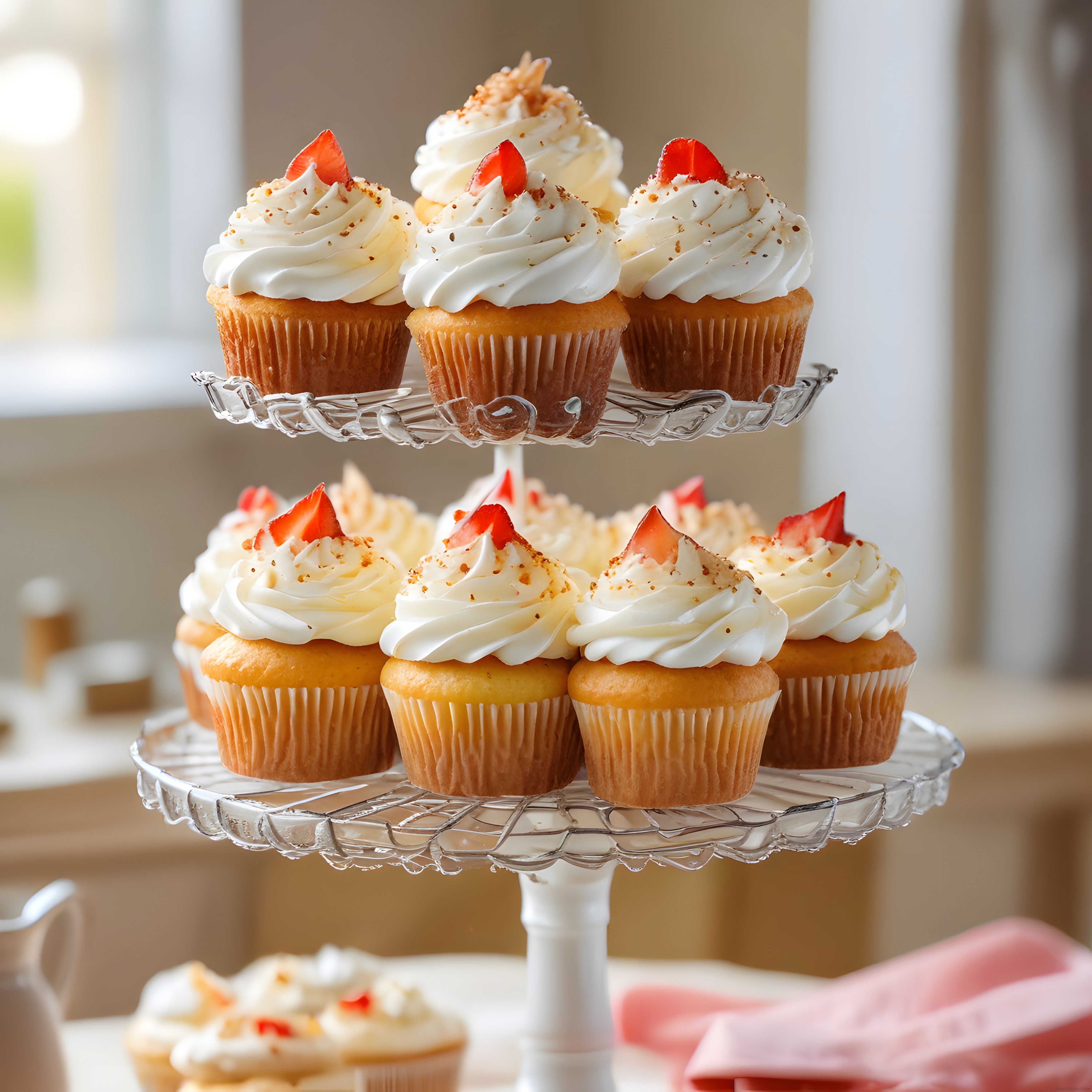 İki Katlı Cam Stand Üzerinde Çilekli Cupcake'ler ve Taptaze Kremalı Tatlılar