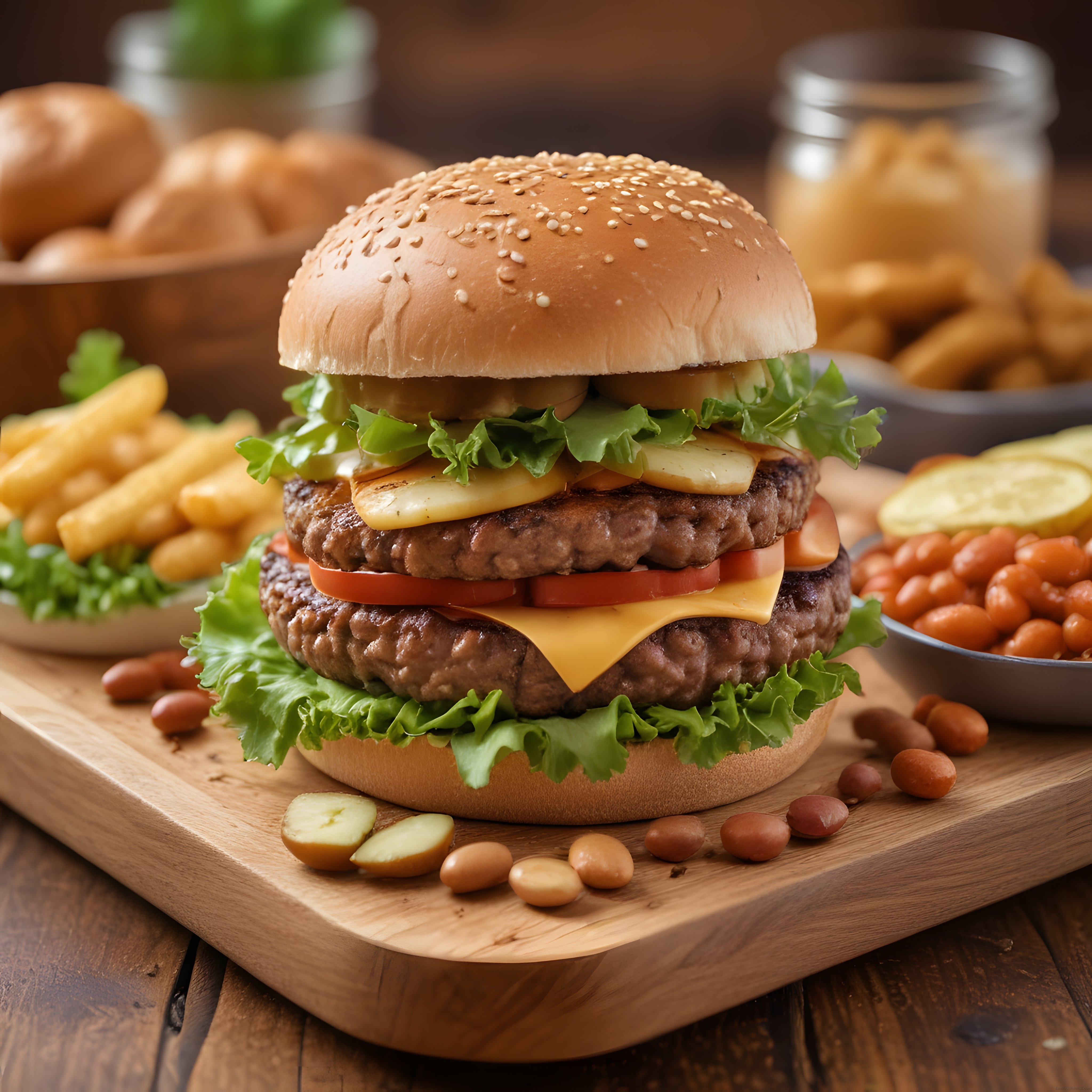 İki Katlı Cheddar Peynirli Hamburger ve Patates Kızartması Tarifi