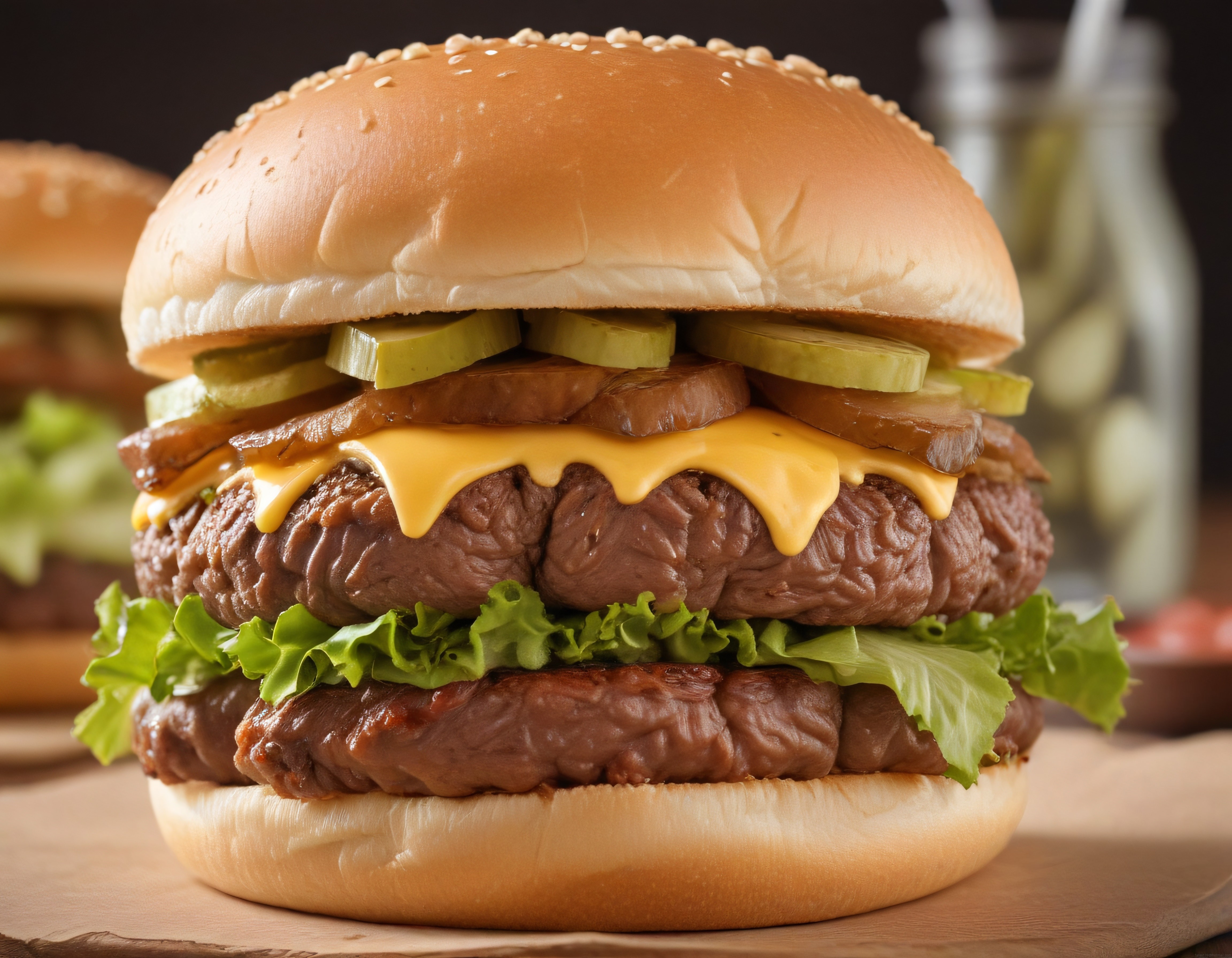 İki Katlı Eti Bol Peynirli Hamburger, Susamlı Ekmek ve Taze Sebzeler