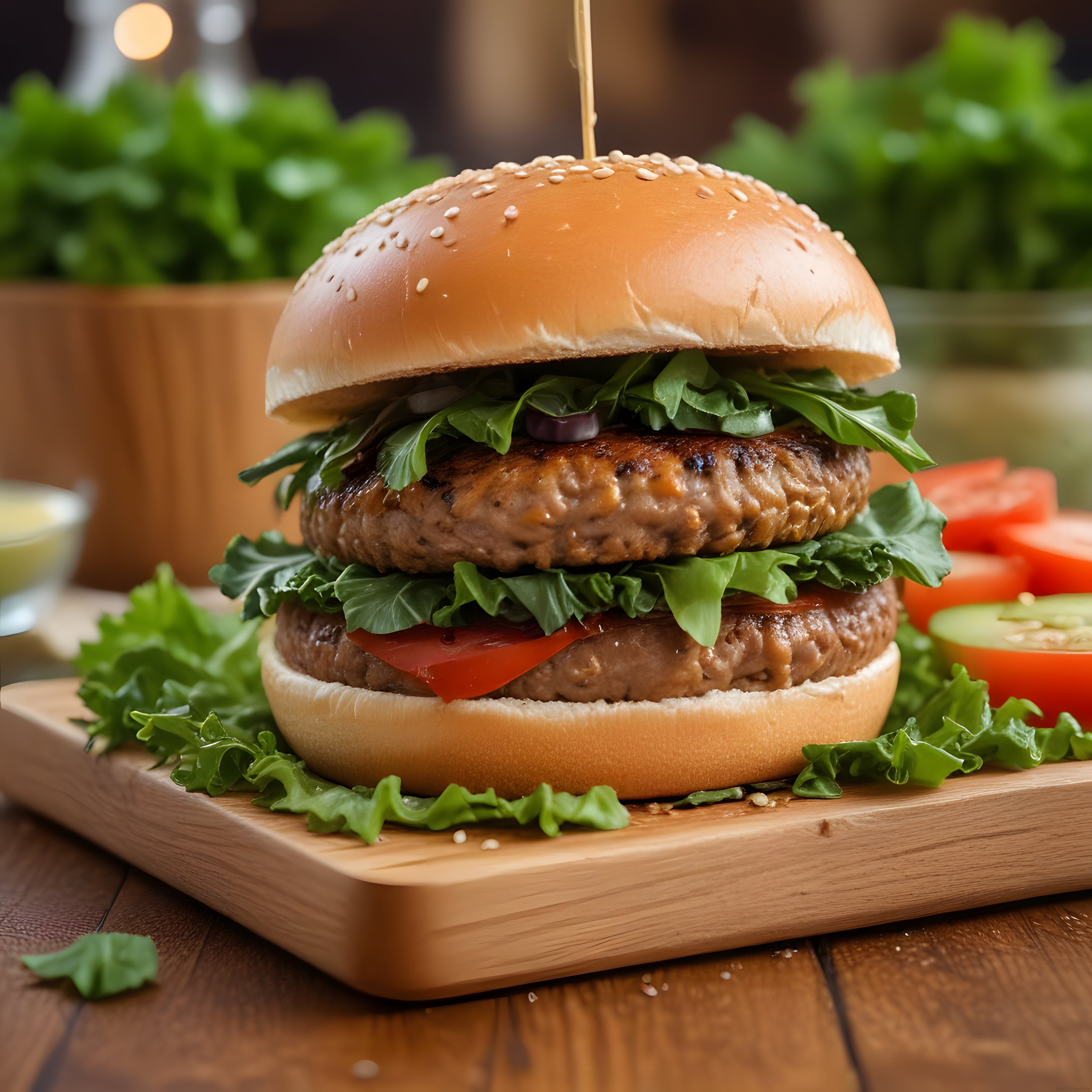 İki Katlı Ev Yapımı Hamburger: Sulu Köfte ve Taze Sebze ile Sunum
