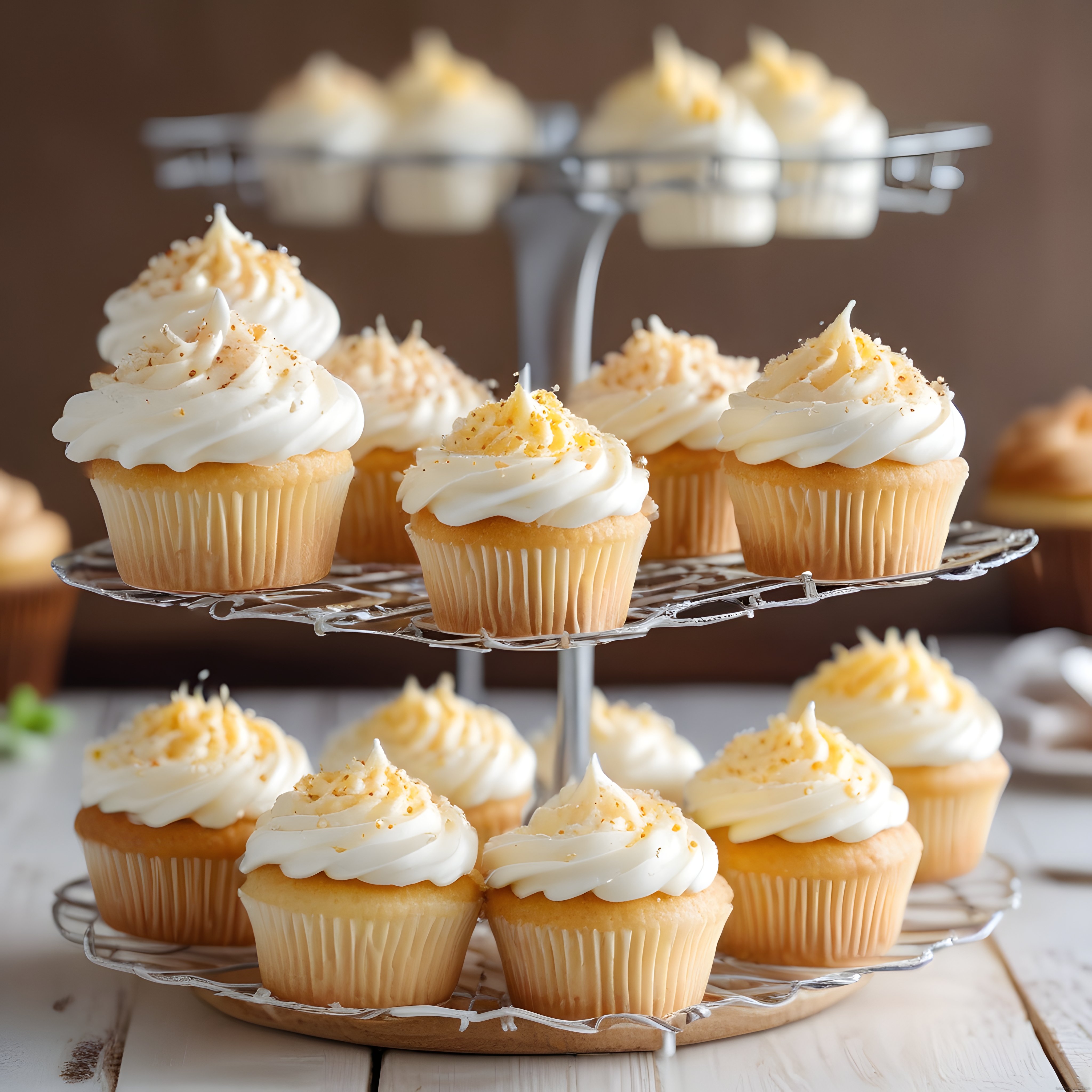 İki Katlı Gümüş Standda Beyaz Kremalı ve Altın Serpintili Cupcake
