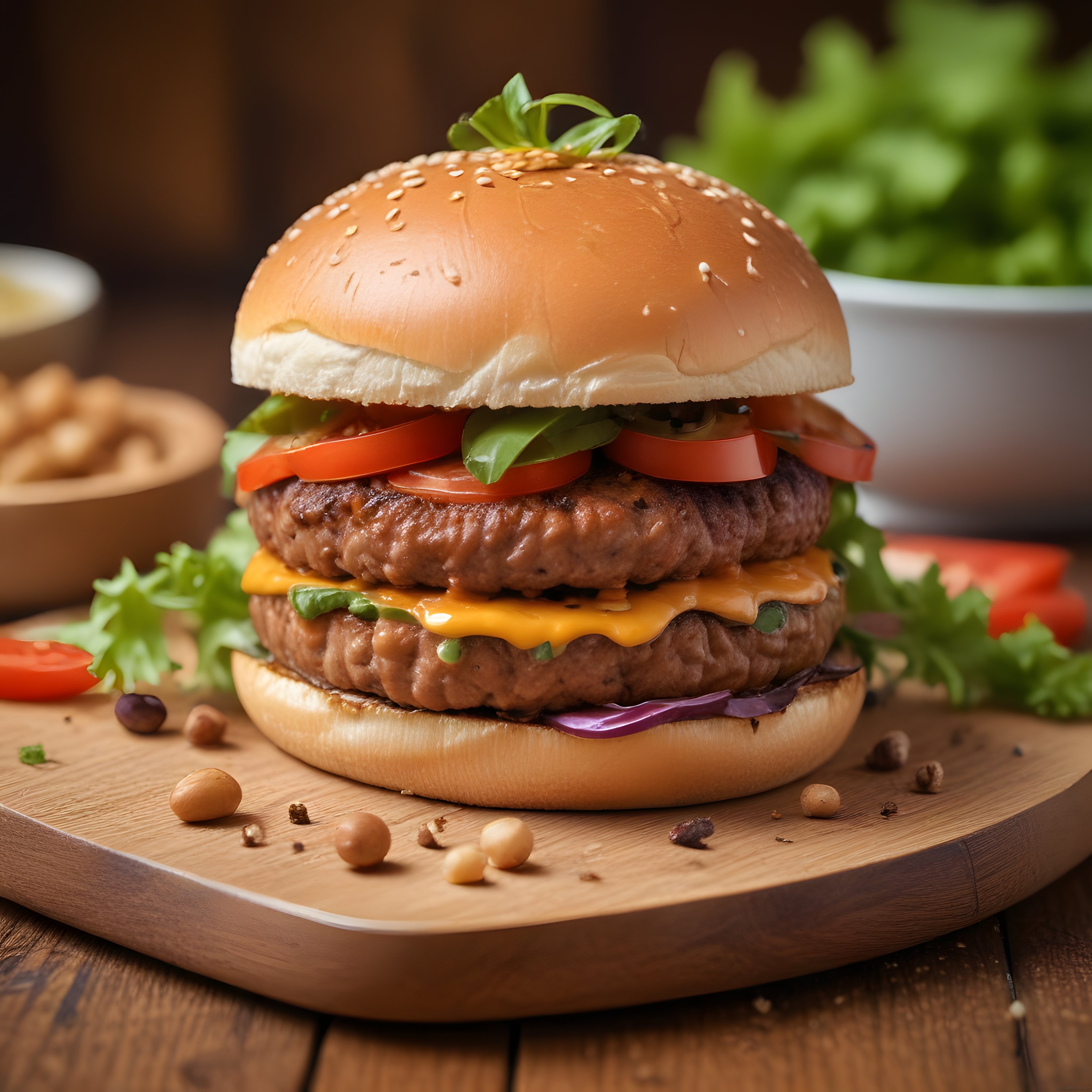 İki Katlı Hamburger: Susamlı Ekmek, Çedar Peyniri ve Taze Sebzelerle Nefis Sunum