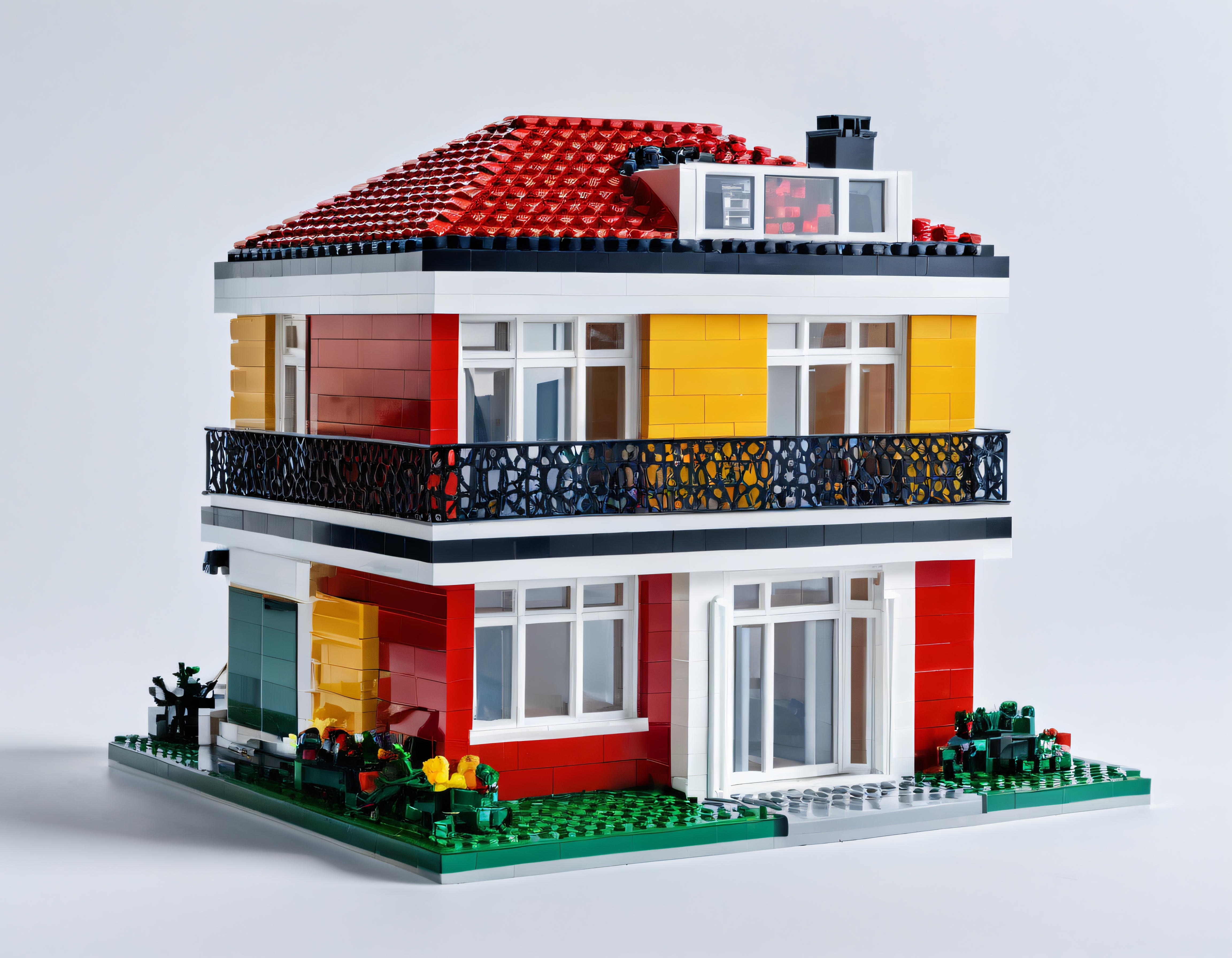 İki Katlı Kırmızı Çatılı Balkonlu LEGO Ev Modeli ve Bahçe Detayları